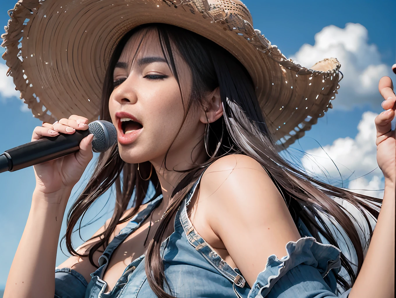 Vast background photo, high resolution, blue sky, cowboy shot, super detail of concept art, 38 year old beauty, singing with both eyes closed, singing passionately, cinematic, casual dress, insanely detailed, sharp focus, vast background,