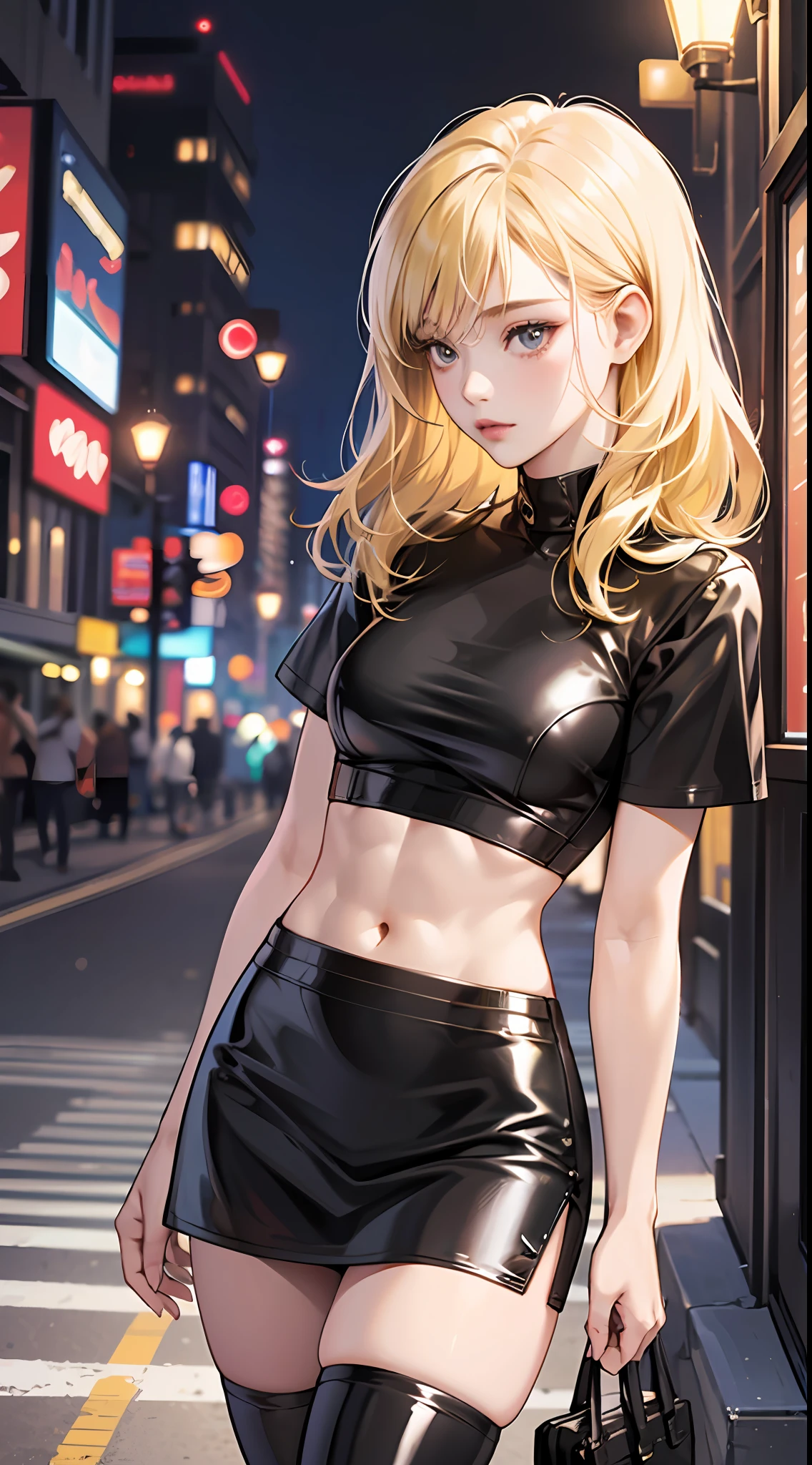 ((Realistic Lighting, Best Quality, 8K, Masterpiece: 1.3)), Focus: 1.2, 1girl, Perfectly shaped Chinese beauty: 1.4, Fine abs: 1.1, ((blonde hair)), (Black latex T-shirt: 1.4), (Outdoor, Night: 1.1), City streets, Super thin face, Thin eyes, Double eyelids, Latex miniskirt, (Black socks over the knee: 1.5) --auto --s2
