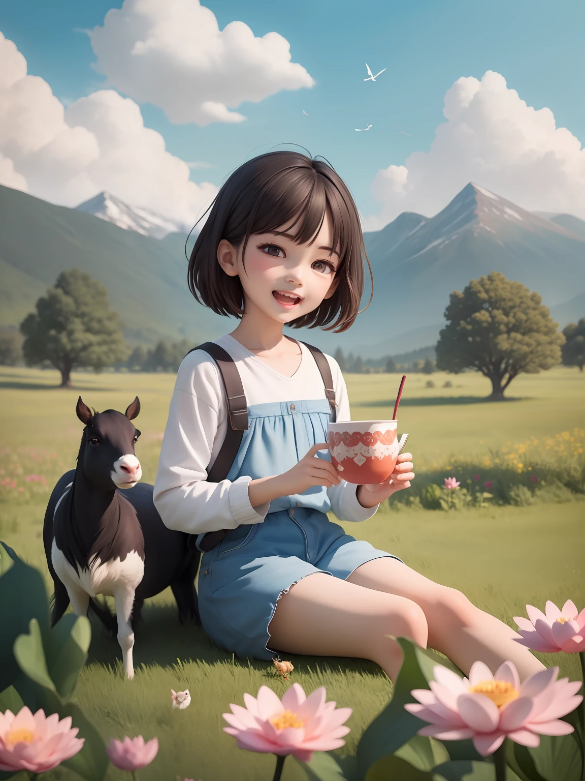 Dazuo), (Excellent), (Super Meticulous), (Full Body: 1.2), 1boy, Hot Summer, Cute, Smile, Open Mouth, Flower, Outdoor, Blue Sky and White Clouds, Mountains, Sheep, Cattle, Meadows, Woods in the Distance, Sitting on a Large Watermelon, Singing, Holding a Cup of Ili School Milk, Watermelon Cut on the Ground, Dragonfly, Tree, Bird, Short Hair, Lotus, Long Sleeve, Black Hair, (Cute and Delicate Face), (Beautiful and Delicate Eyes),