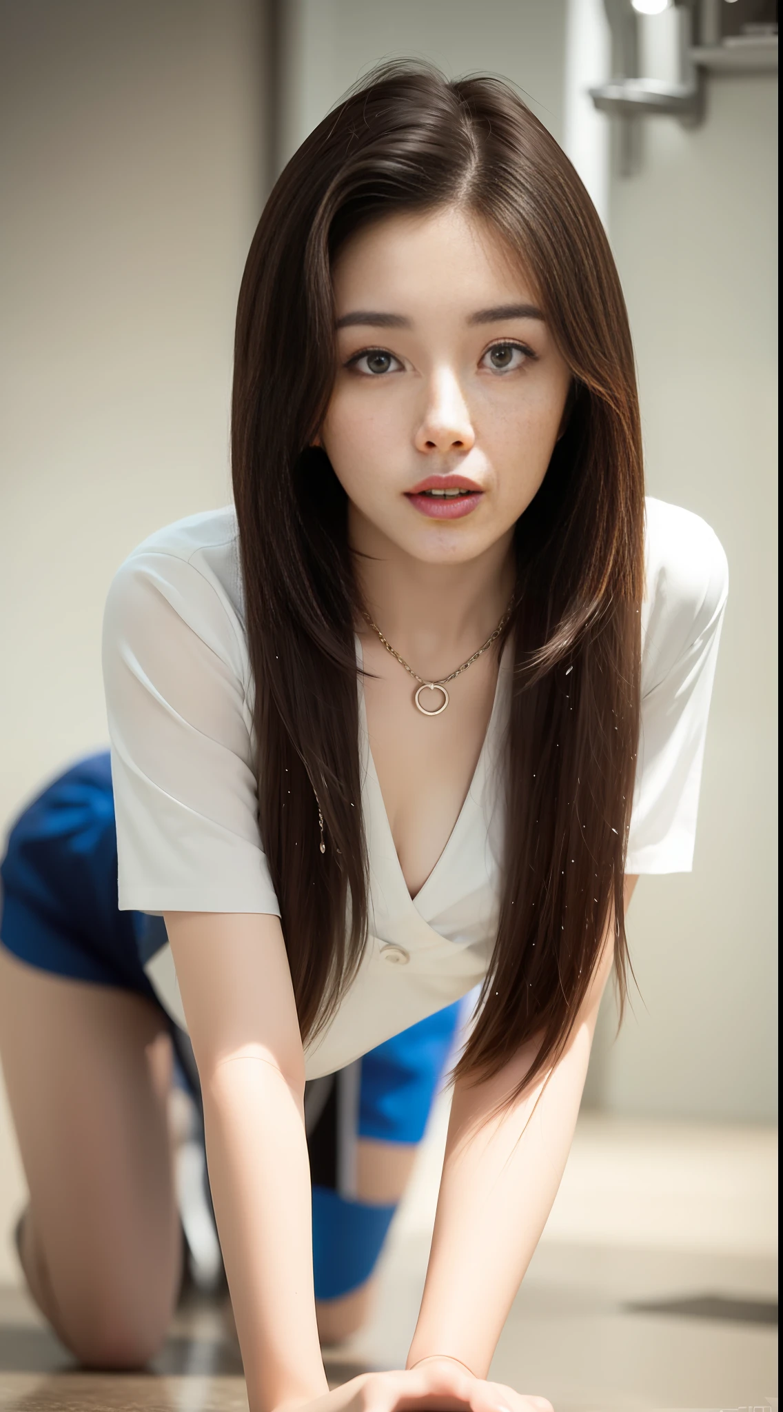Ultra Realistic Realistic Textures Dramatic Lighting Unreal Engine Trends on ArtStation, Award Winning Photos, Nikon RAW Photos, 8 K, Fujifilm XT3, Masterpiece, Best Quality, Realistic, Realistic, Ultra Detailed, Extremely Detailed Face, Solo, 2 Girls, Kneeling, Fashion and Stylish Atmosphere, Nurse Uniform, Nurse Uniform, White Pants, Big Eyes, Symmetrical Eyes, Wristbands, Big Tits, Deep Cleavage, Short Hair, Fashion Hair, Irene 1, Gentle Eyes, Affectionate Veins, Stockings, Gentle township, 2 girls, (kissing, parting legs, rubbing each other, stroking each other, inserting, stroking each other's private parts, moisturizing, dripping of lower body fluid, water stains on the chest, slightly red face, landing on all fours, crawling, dog chain around the neck, dog tag hanging on the dog chain, dog tag written on the dog tag), (chest, butterfly pattern)