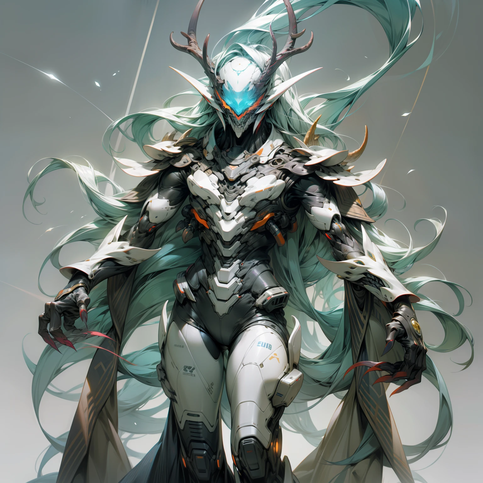 Three-meter humanoid alien, slender body, elongated arms and legs, Horse nails on the feet, long hands with large sharp claws, white body with black stripes, white head with deer horns, devoid of eyes, a blue jewel on the head huge jaw full of teeth, an electric aura, hairless