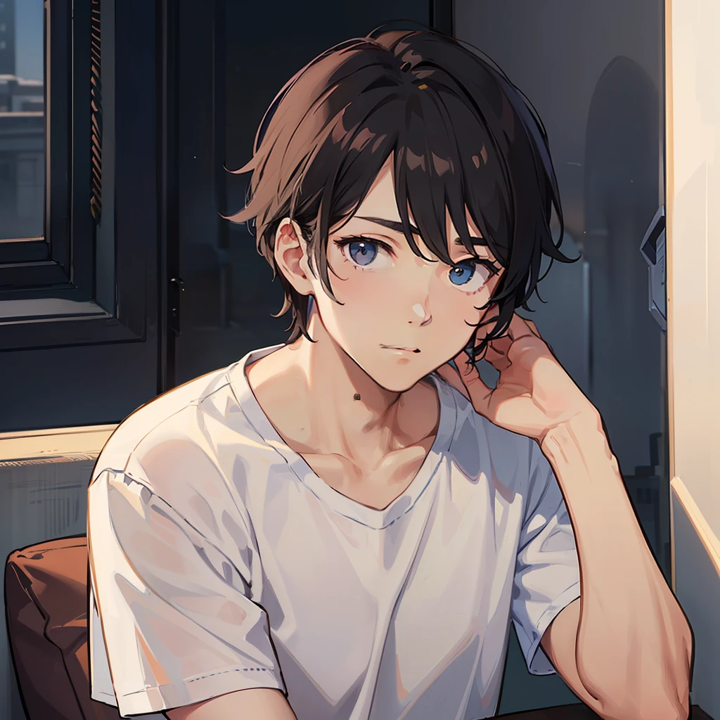 (A man in a white T-shirt 1.4)
(Head down 1.5)
(Sit in the corner of the ward 1.4)
(Open Eyes 1.3)
(Show upper body 1.4)