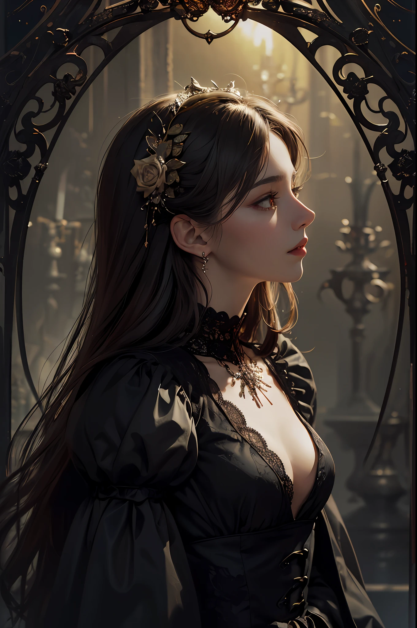 Official Art, Unity 8k wallpaper, super detailed, beautiful, beautiful, masterpiece, best quality,
darkness, atmosphere, mystery, romanticism, creepy, literature, art, fashion, victorian, decoration, intricacies, ironwork, lace, contemplation, emotional depth, supernatural,
1 girl, long hair, brunette hair, solo, neck, bust composition