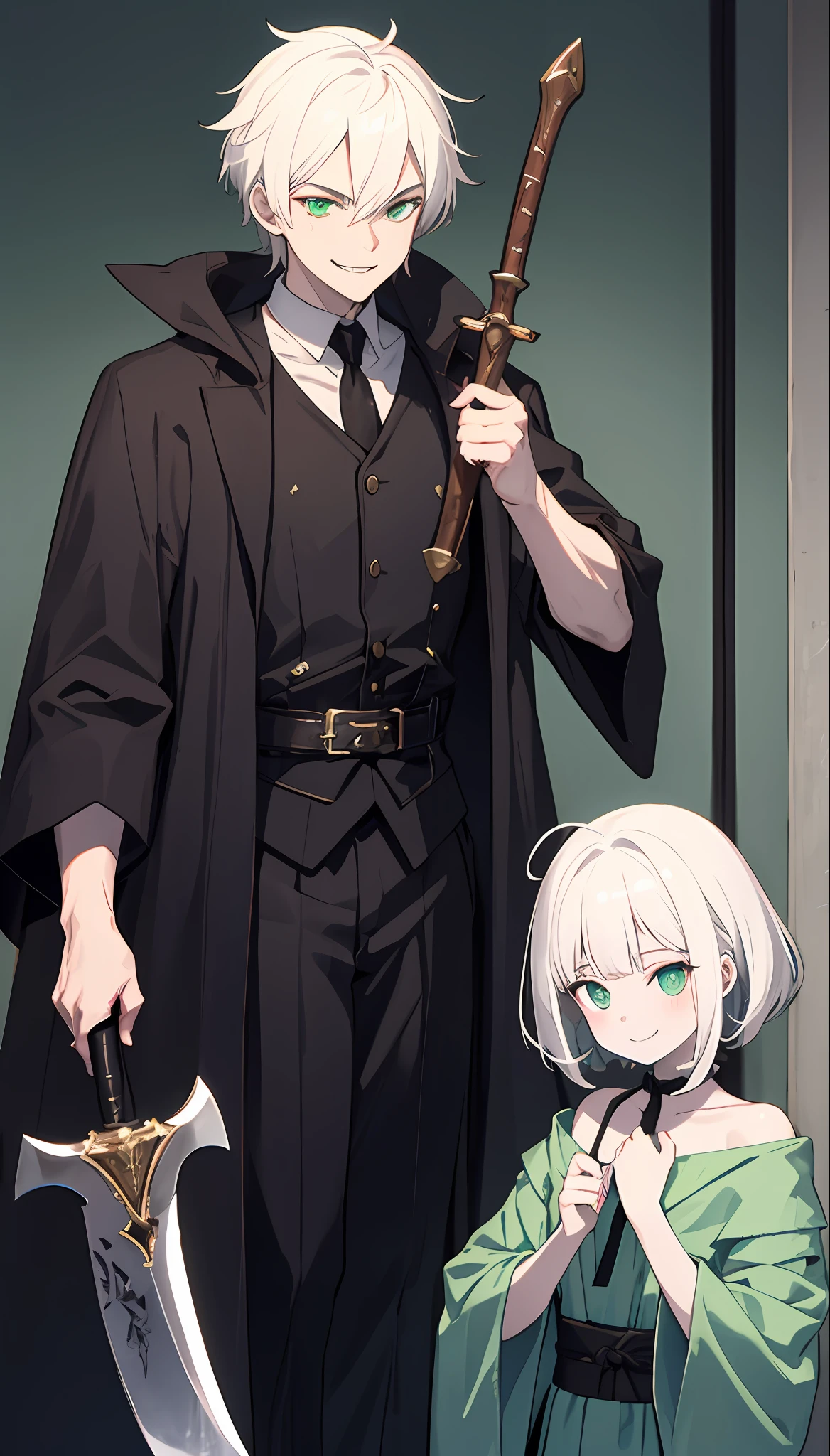 A boy with white hair, pale skin, a sly smile, a big demonic two-handed axe, a green robe
