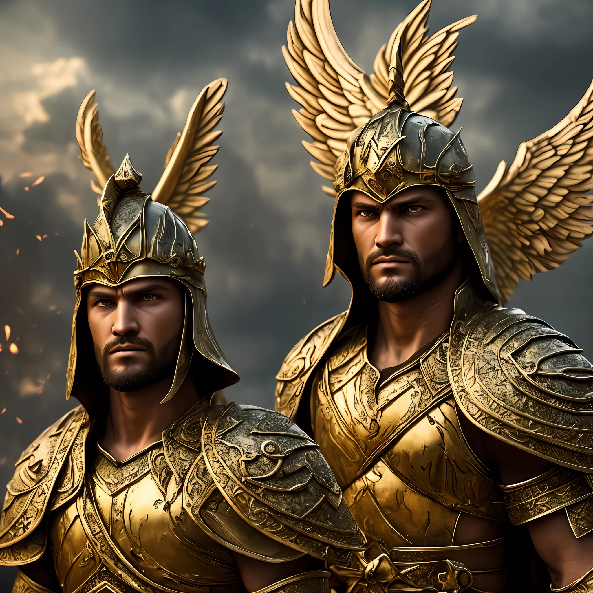 Image of a warrior angel from biblical times. I want it to focus on his face and for him to be in a war scenario. 8k Image --auto