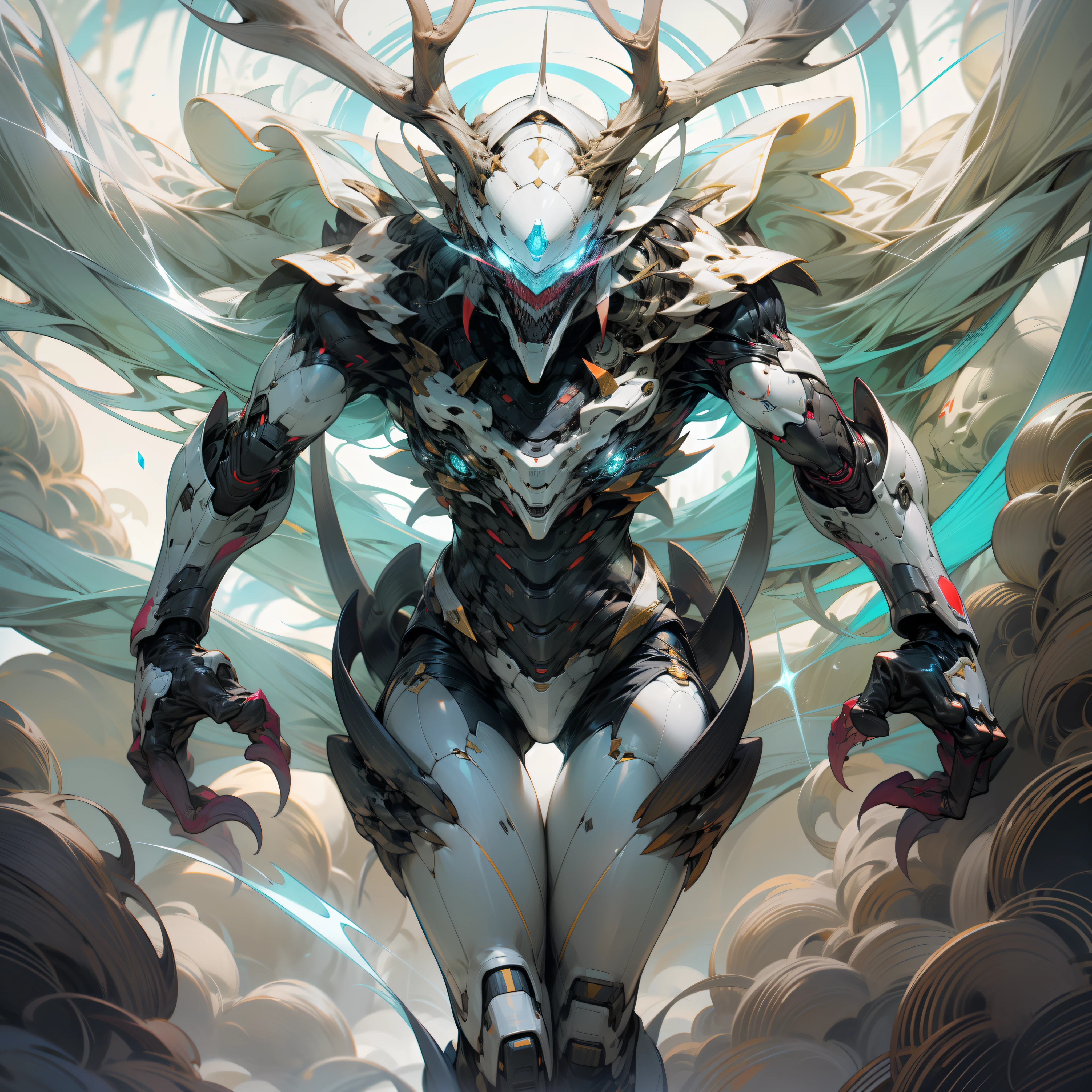 Three-meter humanoid alien, slender body, elongated arms and legs, Horse nails on the feet, long hands with large sharp claws, white body with black stripes, white head with deer horns, devoid of eyes, a blue jewel on the head huge jaw full of teeth, an electric aura, hairless