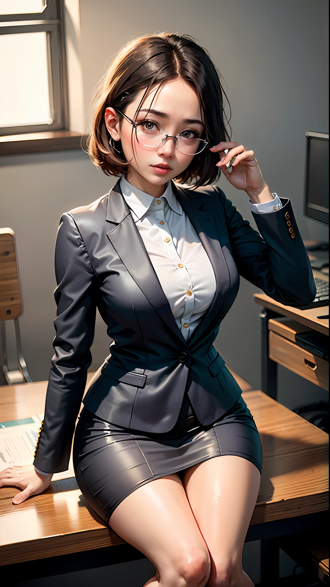 (Top Quality, 8k, 32k, Masterpiece, UHD: 1.2), 1 girl, beautiful Japan woman, thin waist, shiny skin, gray suit, open jacket, office lady, suit, mini skirt, office, desk, (cross-legged: 1.2), fine face, short hair,