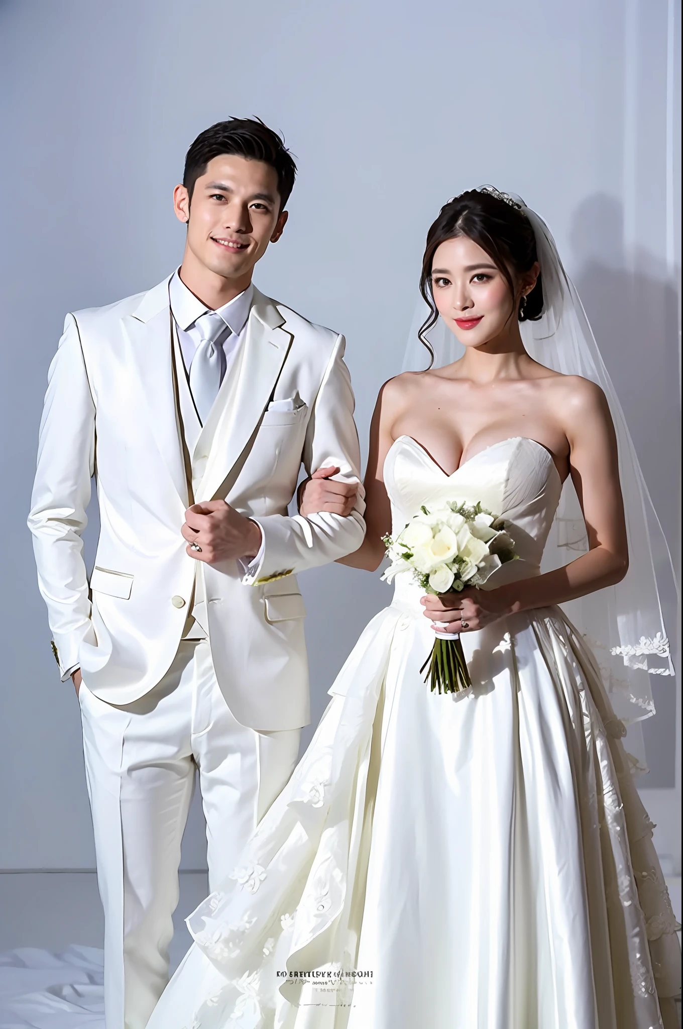 bride and groom posing for a photo in white wedding attire, smooth white tight clothes suit, wedding photo, wearing a wedding dress, lovely couple, official, wearing a white tuxedo, 155 cm tall, jinyiwei, ruan jia and fenghua zhong, official photos, leaked image, 165 cm tall, bride and groom, getty images