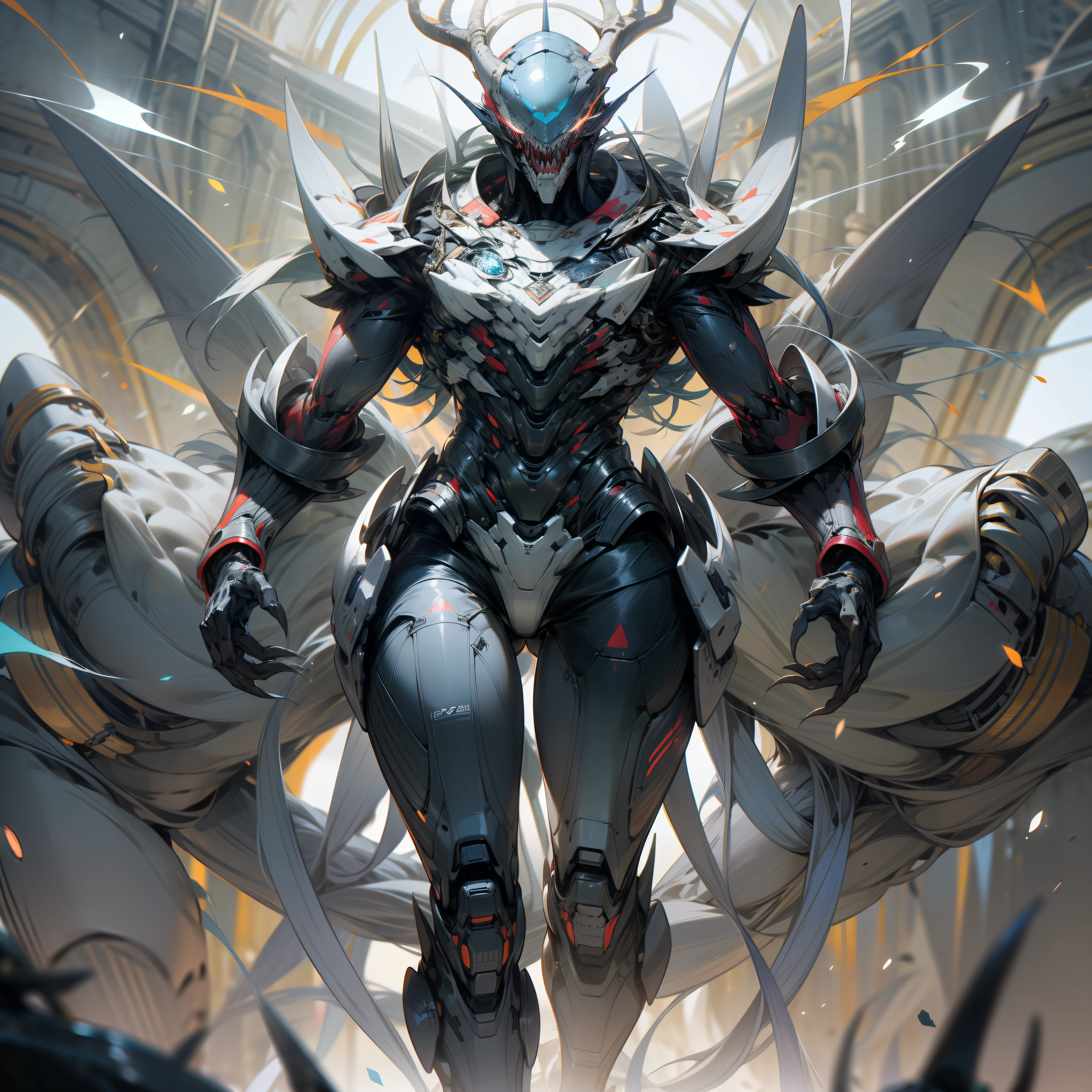Three-meter humanoid alien, slender body, elongated arms and legs, Horse nails on the feet, long hands with large sharp claws, white body with black stripes, white head with deer horns, devoid of eyes, a blue jewel on the head huge jaw full of teeth, an electric aura, hairless