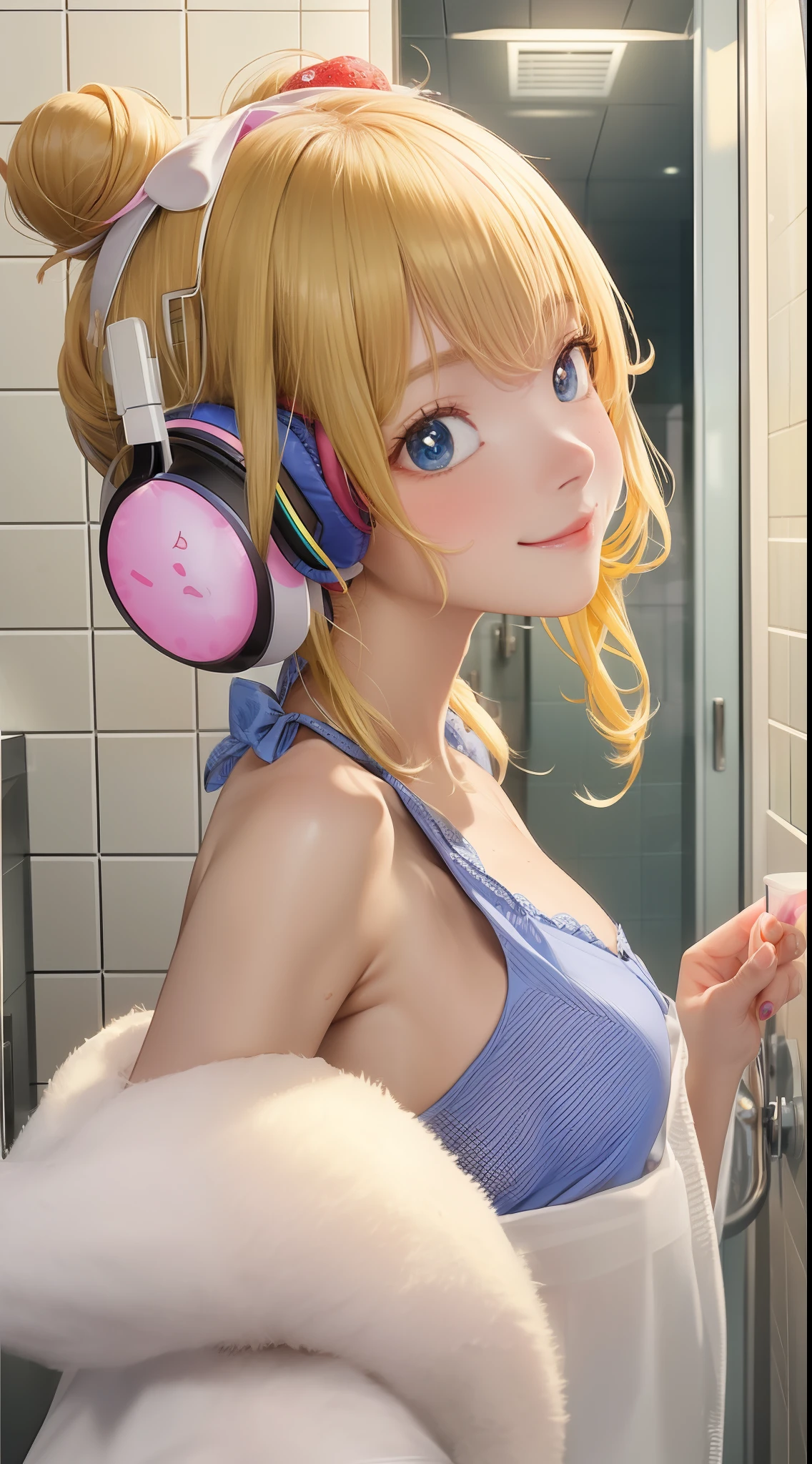 (1 girl), adorableness, blondhair, hair buns, blueeyes, (WOMAn (Eat strawberries), Red polka dot bow, white pubic fur (Polka dots) Take off the shoulders, love bite, bathroom, long haired, looking at the viewers, Facing the Viewer, fluid, soft smiling, Detailed Skin Texture, (Blushlush:0.5), (goosebumps:0.5), subsurface scatter, (Jeizuo, topquality, official arts, Beauty and aesthetics: 1.2), (Medium breasts), extremedetailed, (colourised), highest details, roses, blush of the nose, headphones, nose blush, From Side, best Quality