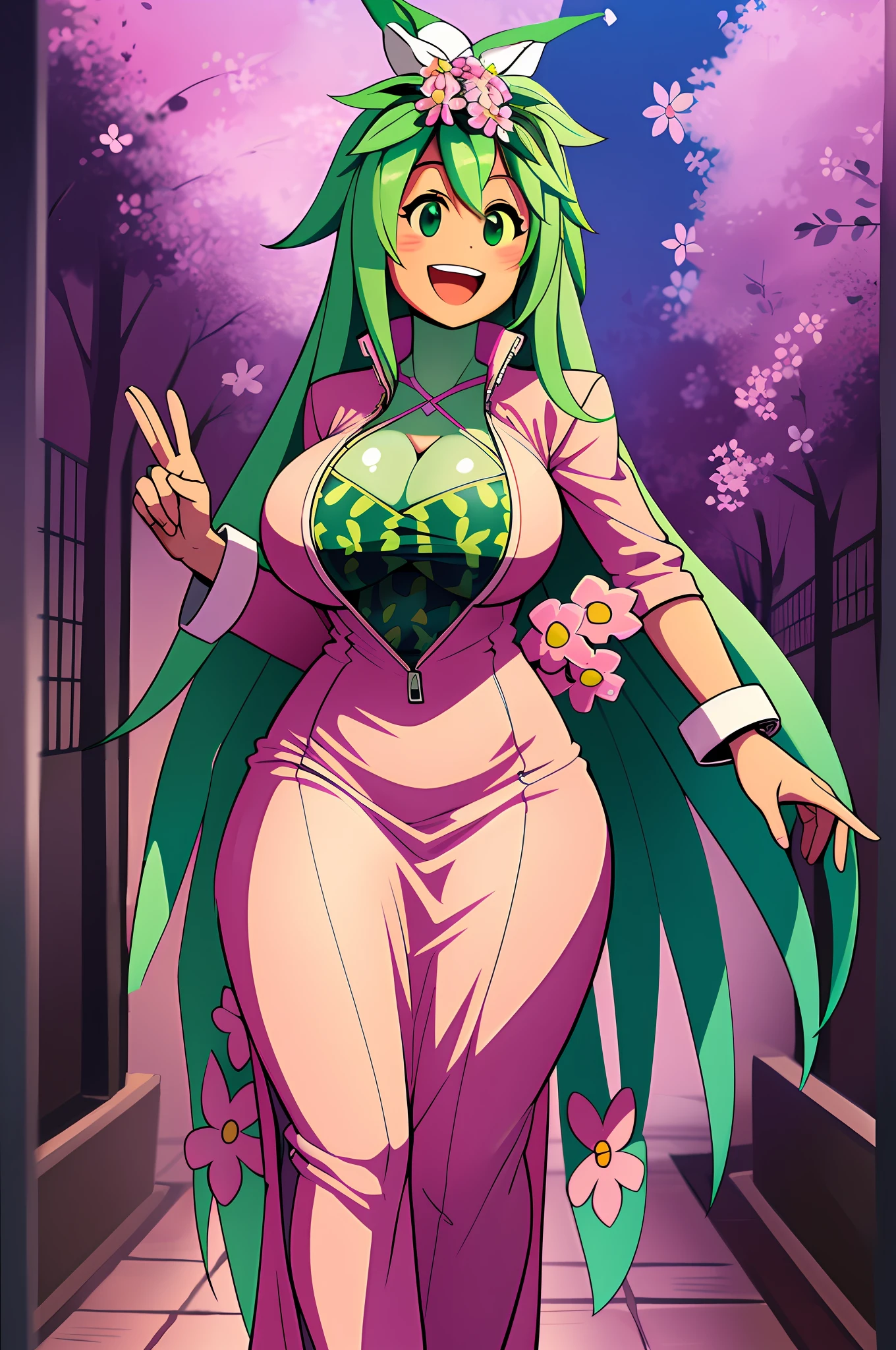 Kanna Blaster Master, floral fauna, female, fully clothed), toon, huge chest, smile, green hair, long dress, whole body, smile, open mouth, long hair, portrait, walking