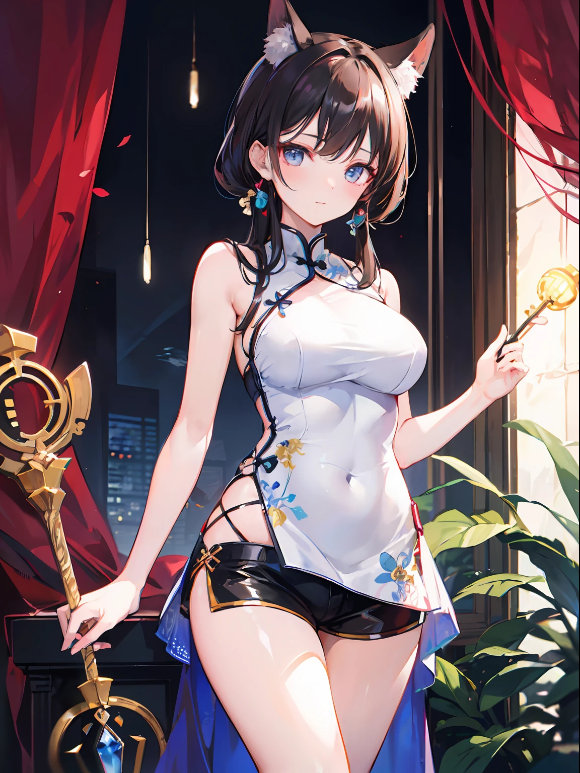 Sexy, Sacrificial Apparel, Scepter, Ritual, Holy, (Best Quality, Masterpiece, Best Lighting: 1.4)， origen, china dress, shorts, swimbikini, p,