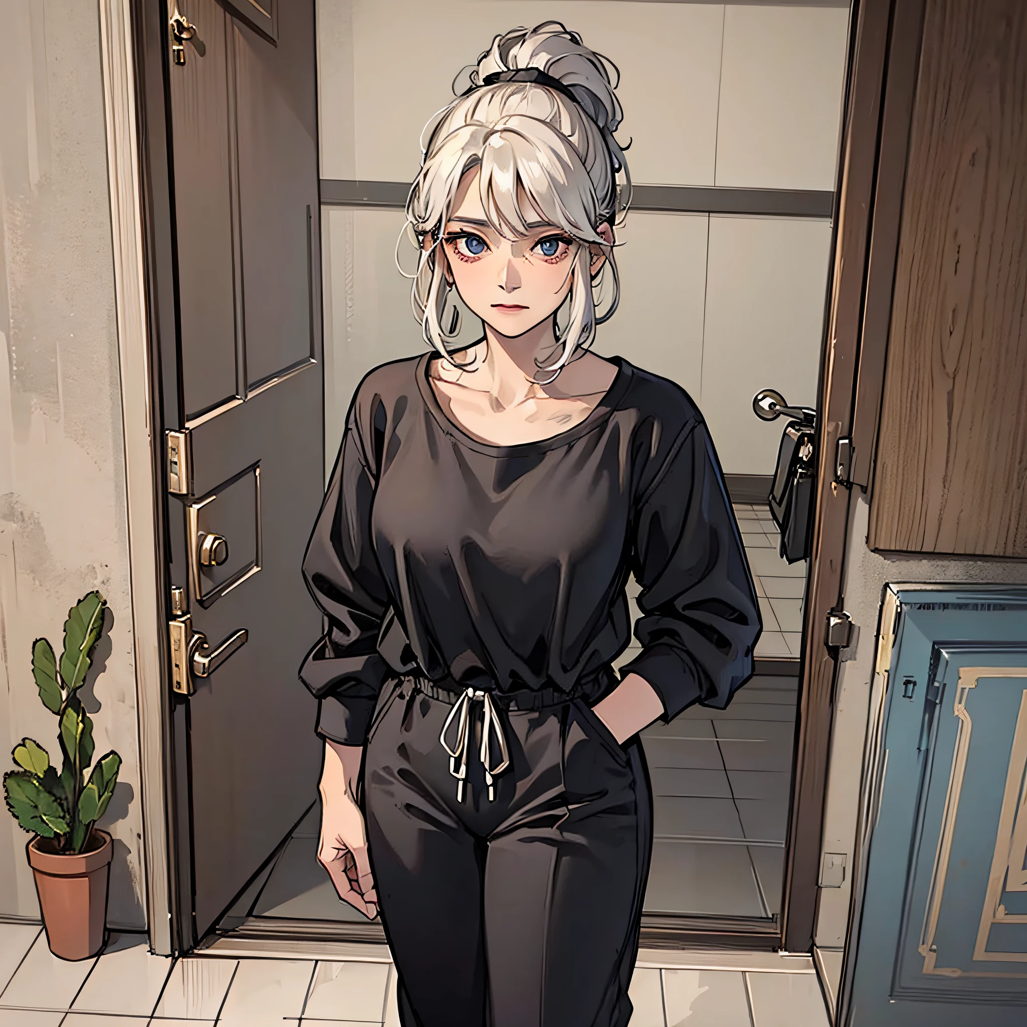 An old lady in a black shirt, black ponytail, wrinkled, standing inside the door, facing the camera, the door open, with a puzzled expression