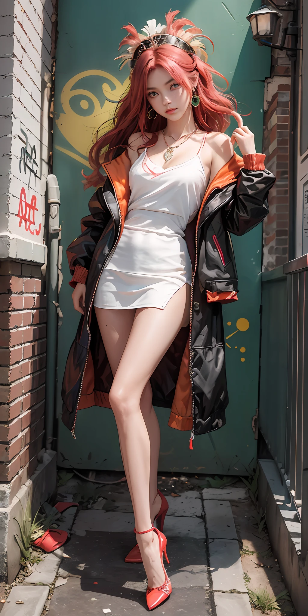 (Masterpiece, Superb Piece, 1Girl, Solo, Finely Carved, Color Aberration), Realistic, ((Medium)), Bare Shoulders, Long Pink Hair, Red Headdress, Red Highlight, Green Eyes, Earrings, Sharp Eyes, Perfect Symmetrical Body, (pureerosface_v1:0.3), Necklace, Neon Shirt, Open Jacket, White Spice Straps, Against Wall, Brick Wall, Graffiti, Dim Lighting, Alley, Looking at the Audience, ((Mean, Seductive, Glamorous, Slender Legs, Red High Heels.) )),