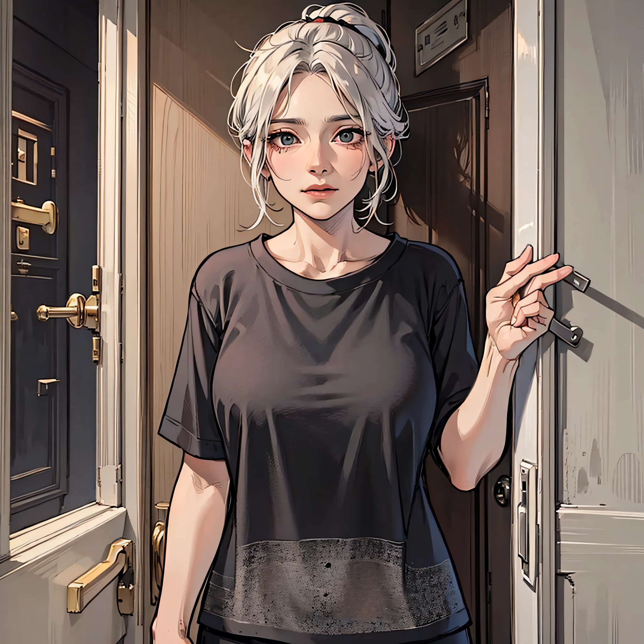 An old woman in a black shirt, black ponytail, wrinkled, standing inside the doorway, facing the camera, the door open, a puzzled expression