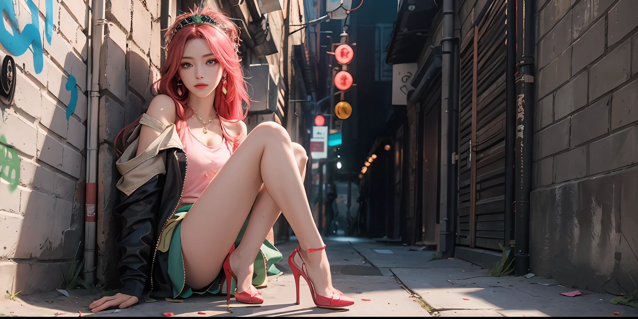 (Masterpiece, Superb Piece, 1Girl, Solo, Finely Carved, Color Aberration), Realistic, ((Medium)), Bare Shoulders, Long Pink Hair, Red Headdress, Red Highlight, Green Eyes, Earrings, Sharp Eyes, Perfect Symmetrical Body, (pureerosface_v1:0.3), Necklace, Neon Shirt, Open Jacket, White e Straps, Against Wall, Brick Wall, Graffiti, Dim Lighting, Alley, Looking at the Audience, ((Mean, Seductive, Glamorous, Slender Legs, Red High Heels.) )),
