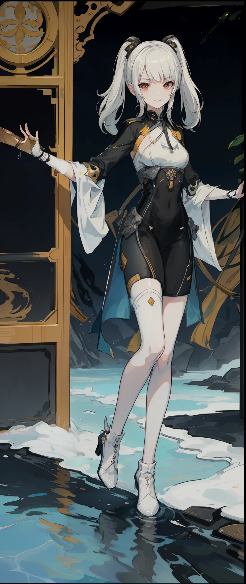 ((4k,masterpiece,best quality)), shuimobysim, traditional chinese ink painting, lotus, hanfu, maxiskit, dress conservatively 1girl, solo, long blue hair, smile, standing, feet in the water, barefoot,