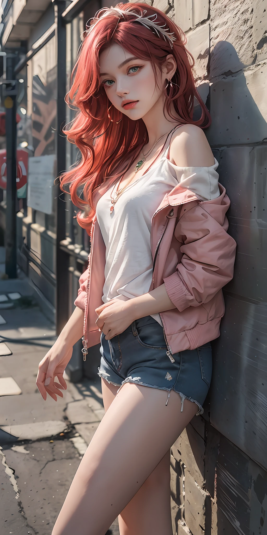 (Masterpiece, Superb Quality, 1Girl, Solo, Crafted, Color Aberration), Realistic, ((Medium)), Bare Shoulders, Long Pink Hair, Red Headdress, Red Highlight, Green Eyes, Earrings, Sharp Eyes, Perfect Symmetrical Body, (pureerosface_v1:0.3), Necklace, Neon Shirt, Denim Shorts, Open Jacket, White Thin Shoulder Straps, Against Wall, Brick Wall, Graffiti, Dim Lighting, Alley, Looking at the Audience, ((Mean, Seductive, Charming, Slender Legs, Red high heels)),