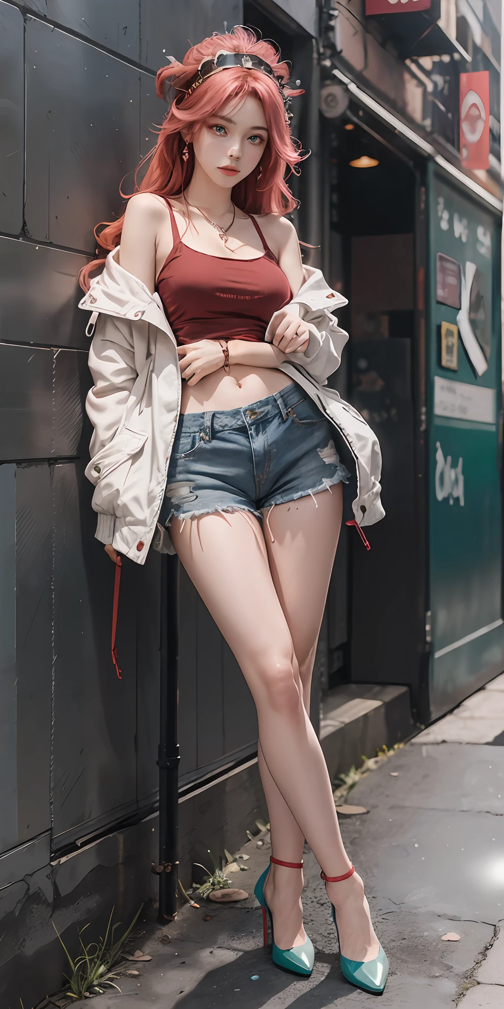 (Masterpiece, Superb Quality, 1Girl, Solo, Crafted, Color Aberration), Realistic, ((Medium)), Bare Shoulders, Long Pink Hair, Red Headdress, Red Highlight, Green Eyes, Earrings, Sharp Eyes, Perfect Symmetrical Body, (pureerosface_v1:0.3), Necklace, Neon Shirt, Denim Shorts, Open Jacket, White Thin Shoulder Straps, Against Wall, Brick Wall, Graffiti, Dim Lighting, Alley, Looking at the Audience, ((Mean, Seductive, Charming, Slender Legs, Red high heels)),