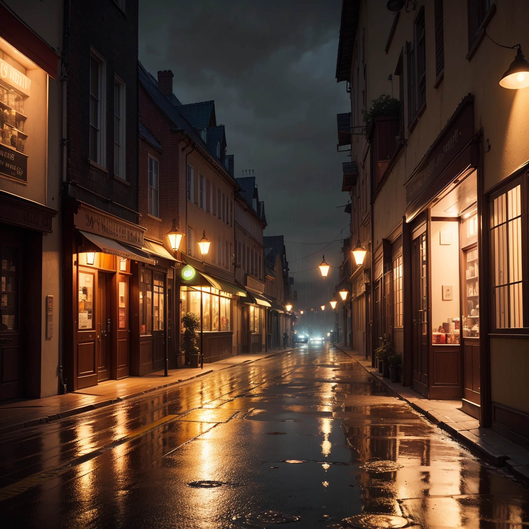 Explore the captivating ambiance of our AI-powered image analysis. Envision a deserted street at night, drenched in rain, where a cozy café stands out with its luminous signage. Amidst the somber atmosphere, the sparkling lights cast a warm glow, inviting you to step into a world of enchantment. Our advanced AI technology delves deep into the image, capturing every raindrop and revealing the hidden stories that unfold in this atmospheric setting. Immerse yourself in the magic of our image intelligence and let us unveil the beauty within rainy cityscapes. Experience it now!" --auto