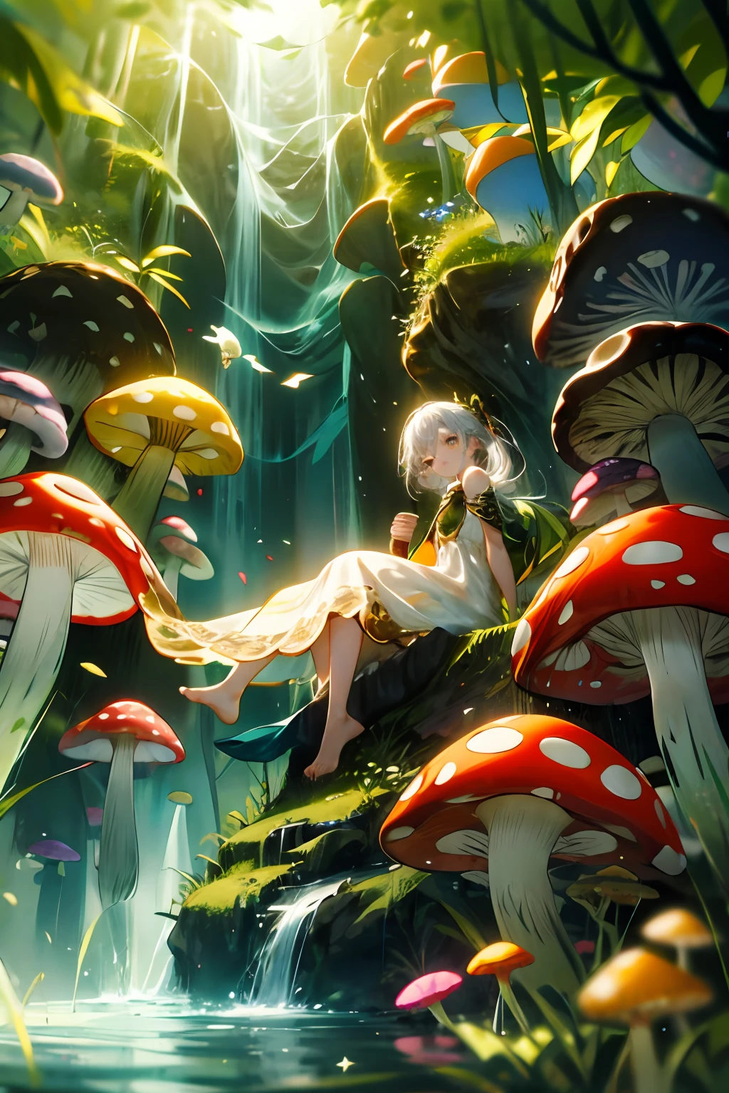 Natural light, hazy, (color: 1.1), (masterpiece: 1,2), best quality, masterpiece, high definition, original, extremely detailed wallpaper, 1 girl, solo, toddler girl, light gray long hair, white dress with gold embroidery, golden orange elements, glow, flowing hair, full body, sitting on mushrooms, cocked legs, holding mushrooms, magical fantasy forest, glowing flowers and mushrooms, sunny day, (sunny light), light, dynamic lighting, film shooting