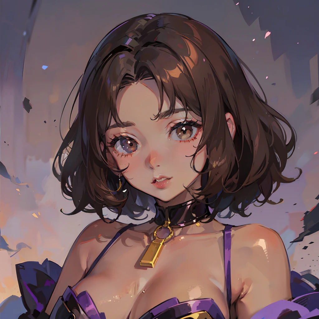 ((masterpiece)), ((best quality)), ((anime)), ((old effect)), ((90s anime)), girl, dark skin tone, ((brown eyes)), (( perfect)), eyebrow, nose, ear, mouth, lips, curly hair Large, neck, shoulders, ((arm)), ((dark lilac background)), lascivious,