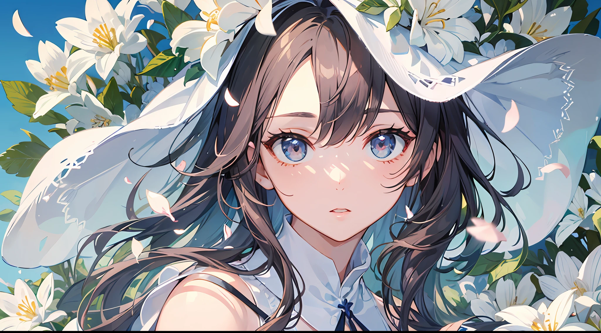 (masterpiece, best quality:1.6), white lace dress, cowboy shot, thighs, beautiful girl, (flowers, many small white petals:1.3), garden, blue sky, looking at viewer, small waist, official art, raw photo, incredibly absurdres, facelight, dynamic lighting, cinematic lighting, ultra realistic, highres, photography, sharp focus, highest detailed, extreme detailed, ultra detailed, finely detail, extremely detailed eyes and face