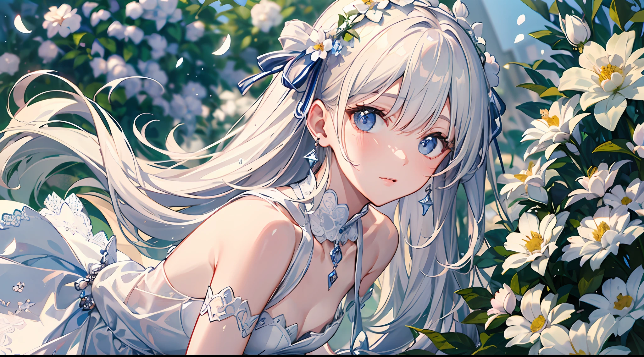 (masterpiece, best quality:1.6), white lace dress, cowboy shot, thighs, beautiful girl, (flowers, many small white petals:1.3), garden, blue sky, looking at viewer, small waist, official art, raw photo, incredibly absurdres, facelight, dynamic lighting, cinematic lighting, ultra realistic, highres, photography, sharp focus, highest detailed, extreme detailed, ultra detailed, finely detail, extremely detailed eyes and face