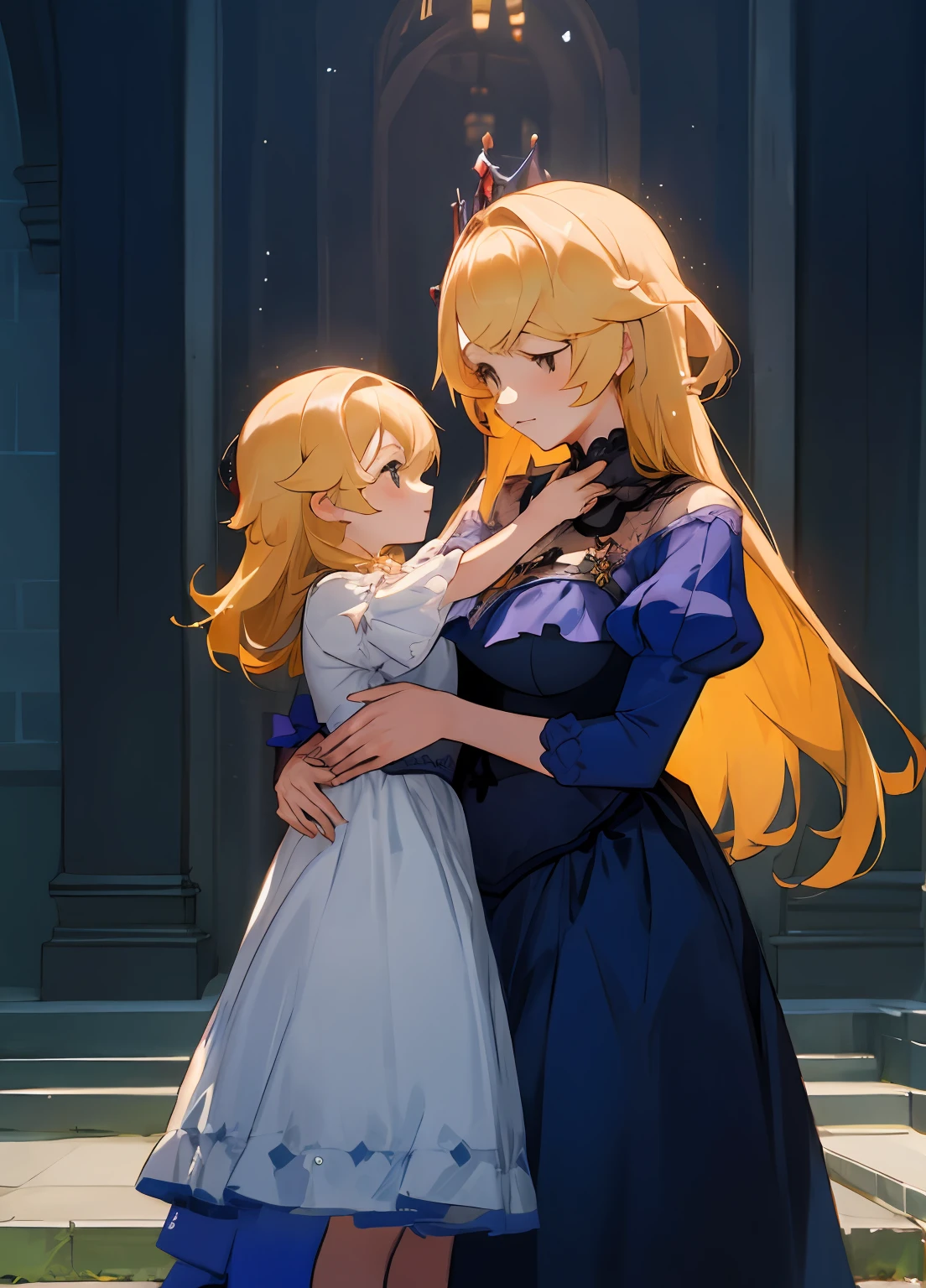 anime image of two women dressed in dress posing for a picture like princess clothing in summer, beautiful decoration on dress, palace a girl in palace, long hair, yellow haired , anime fantasy illustration, from the azur lane videogame, genshin, Royal Princess detailed art, two beautiful anime girls, mother and child, symbol of maternal love, mother and child, such as photos of mother and child, Embarrassed, royal castle