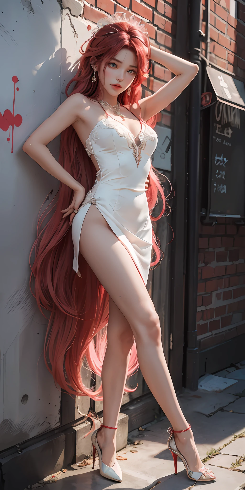 (Masterpiece, Superb Style, 1Girl, Solo, Finely Carved, Color Aberration), Realism, ((Medium Breath)), Bare Shoulders, Long Pink Hair, Red Headdress, Red Highlight, Green Eyes, Earrings, Sharp Eyes, Perfect Symmetrical Body, (pureerosface_v1:0.3), Necklace, White Wedding Dress, Against Wall, Brick Wall, Graffiti, Dim Lighting, Alley, Looking at the Audience, ((Mean, Seductive, Glamorous, Slender Legs, Red High Heels)),