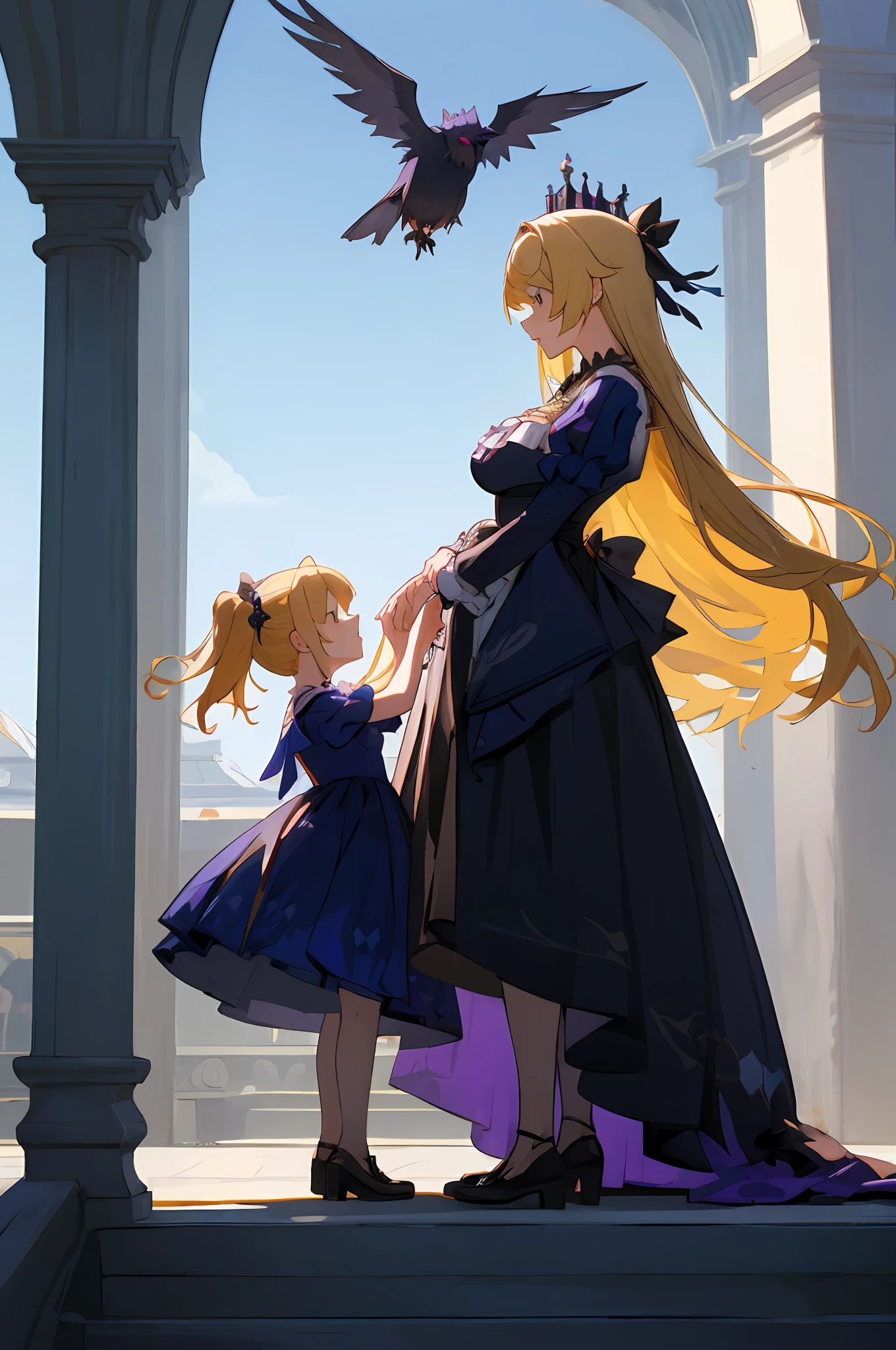 anime image of two women dressed in dress posing for a picture like princess clothing in summer, beautiful decoration on dress, palace a girl in palace, long hair, yellow haired , anime fantasy illustration, from the azur lane videogame, genshin, Royal Princess detailed art, two beautiful anime girls, mother and child, symbol of maternal love, mother and child, such as photos of mother and child, Embarrassed, royal castle, His pet crow named Oz is flying