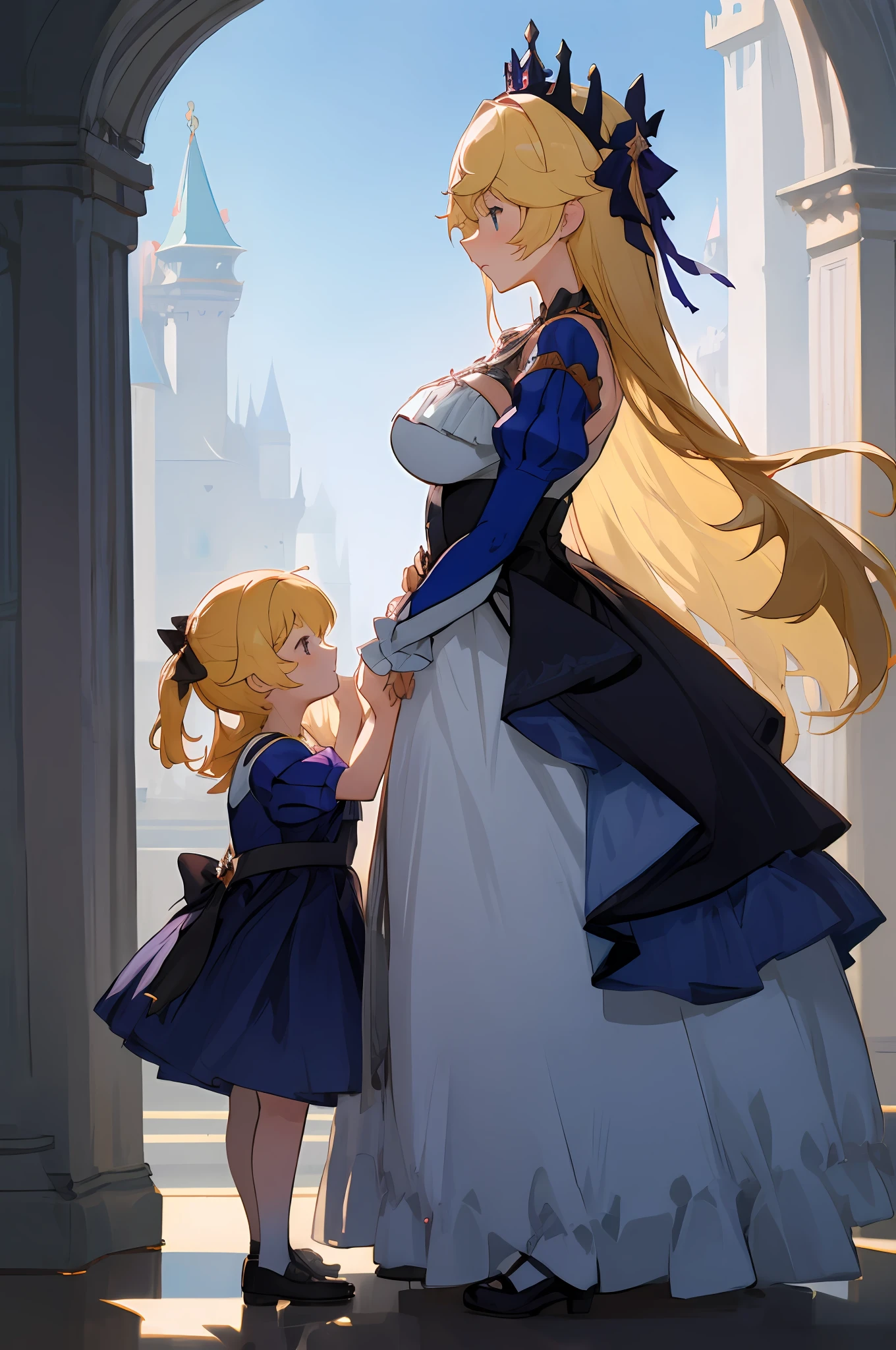anime image of two women dressed in dress posing for a picture like princess clothing in summer, beautiful decoration on dress, palace a girl in palace, long hair, yellow haired , anime fantasy illustration, from the azur lane videogame, genshin, Royal Princess detailed art, two beautiful anime girls, mother and child, symbol of maternal love, mother and child, such as photos of mother and child, Embarrassed, royal castle, His pet crow named Oz is flying