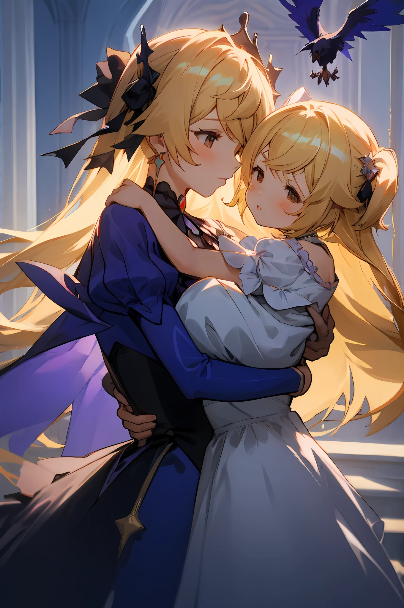 anime image of two women dressed in dress posing for a picture like princess clothing in summer, beautiful decoration on dress, palace a girl in palace, long hair, yellow haired , anime fantasy illustration, from the azur lane videogame, genshin, Royal Princess detailed art, two beautiful anime girls, mother and child, symbol of maternal love, mother and child, such as photos of mother and child, Embarrassed, royal castle, His pet crow named Oz is flying