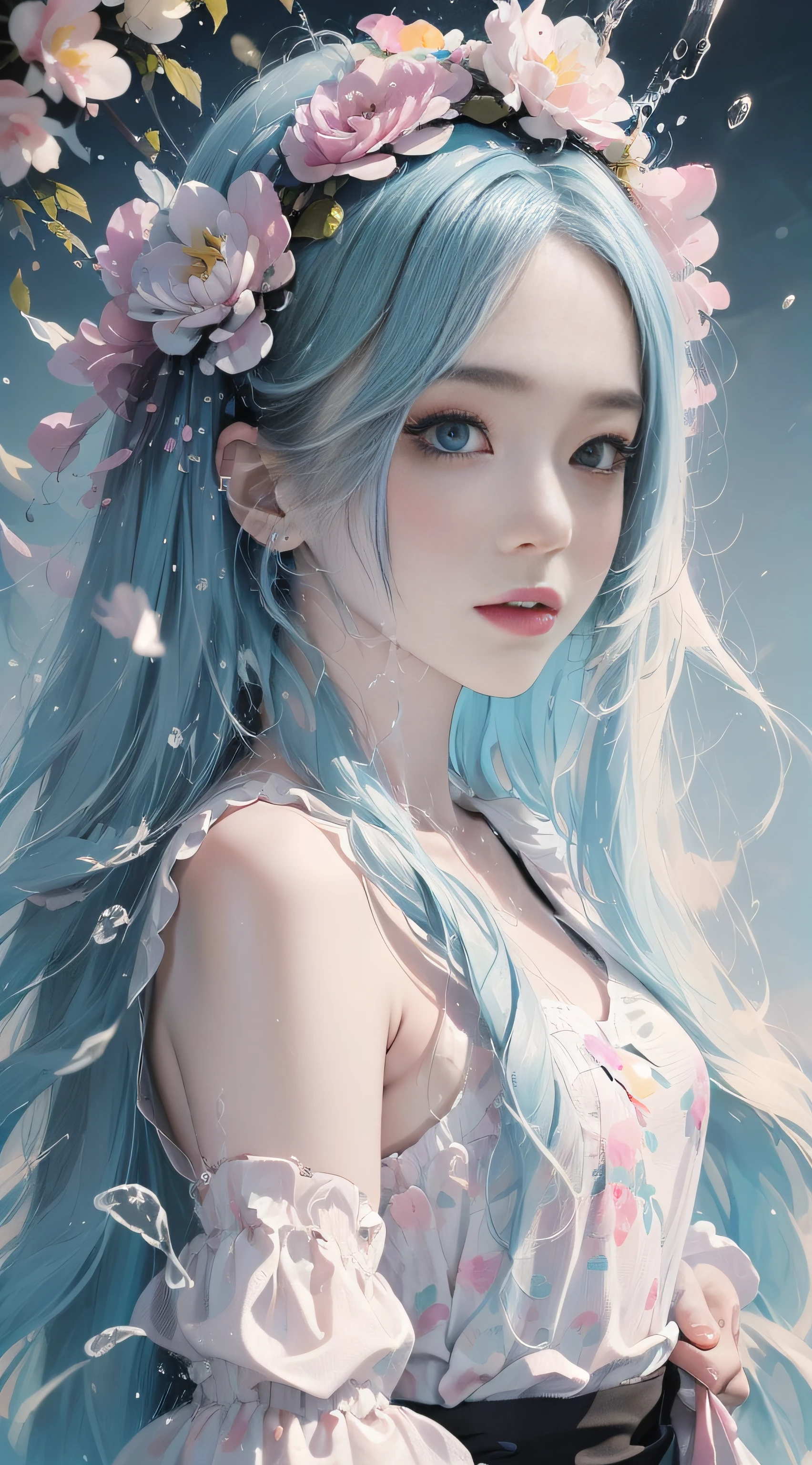 (Masterpiece, Best Quality, High Resolution), Anime Style, White Background, Acrylic Paint, ((Color Splash, Splash of Ink, Color Splash)), Sweet Chinese Girl, Long Light Blue Hair, [Light Blue|Pink] Hair, Curly Hair, Glitter, Pink Lips, Hanfu, Front, Upper Body