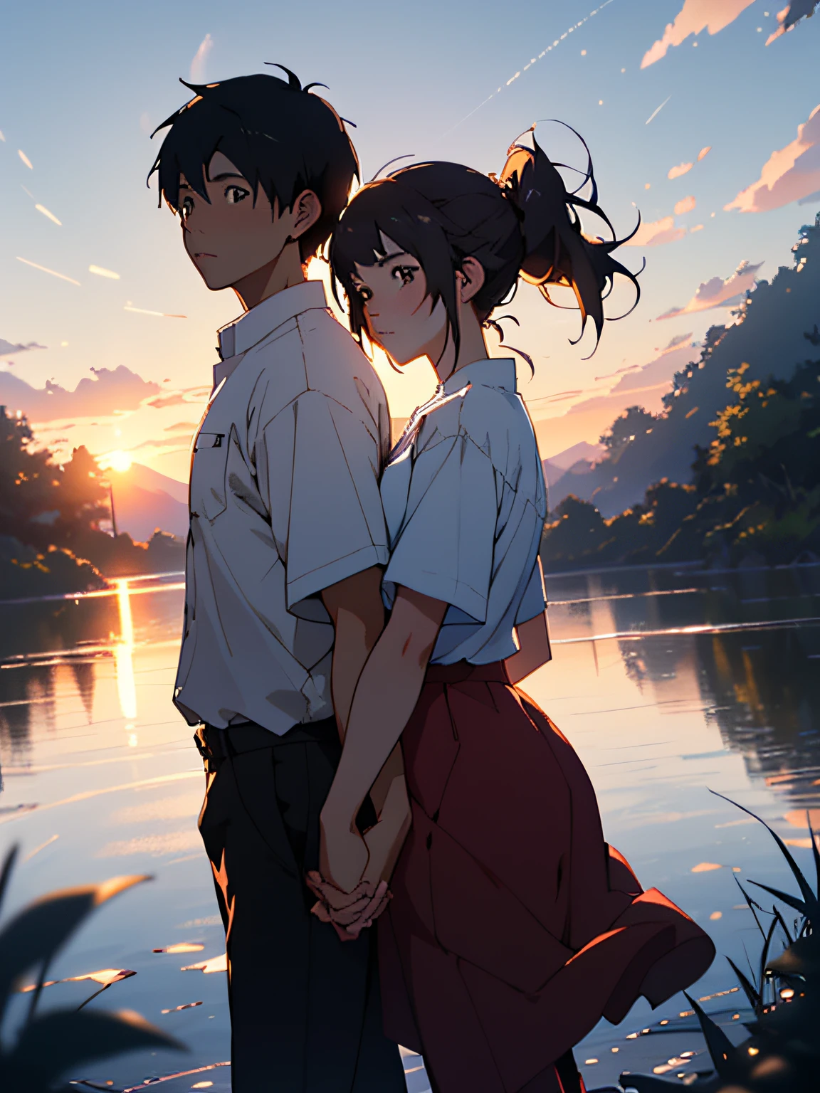 Anime couple walking in the field, (boy + girl), watery big eyes, (delicate and beautiful facial features), is the ultimate gentle beauty, the romantic atmosphere is very strong, the two (hand in hand) walking head-on, (from far and near), (facing the audience), (character shot close-up)), the boy looks at the girl affectionately and tenderly, ((behind is a beautiful sunset)), (girl white shirt with red skirt), (boy white T-shirt with black pants), exquisite clothing, beautiful, delicate, beautiful, Charming and moving, girl hair coiled behind her head, (coiled hair), messy bangs, big watery eyes, light brown eyes, fields dominated by (((amber)) and golden yellow, official art, guweiz and Makoto Shinkai, by Hiroshi Yamagata, Sakimichan and Makoto Shinkai, by Nobuta Yanagawa, style in Ghibli animation style, fiona staples and Makoto Shinkai, style by Makoto Shinkai, masterpiece, master painting, HD, 8K resolution