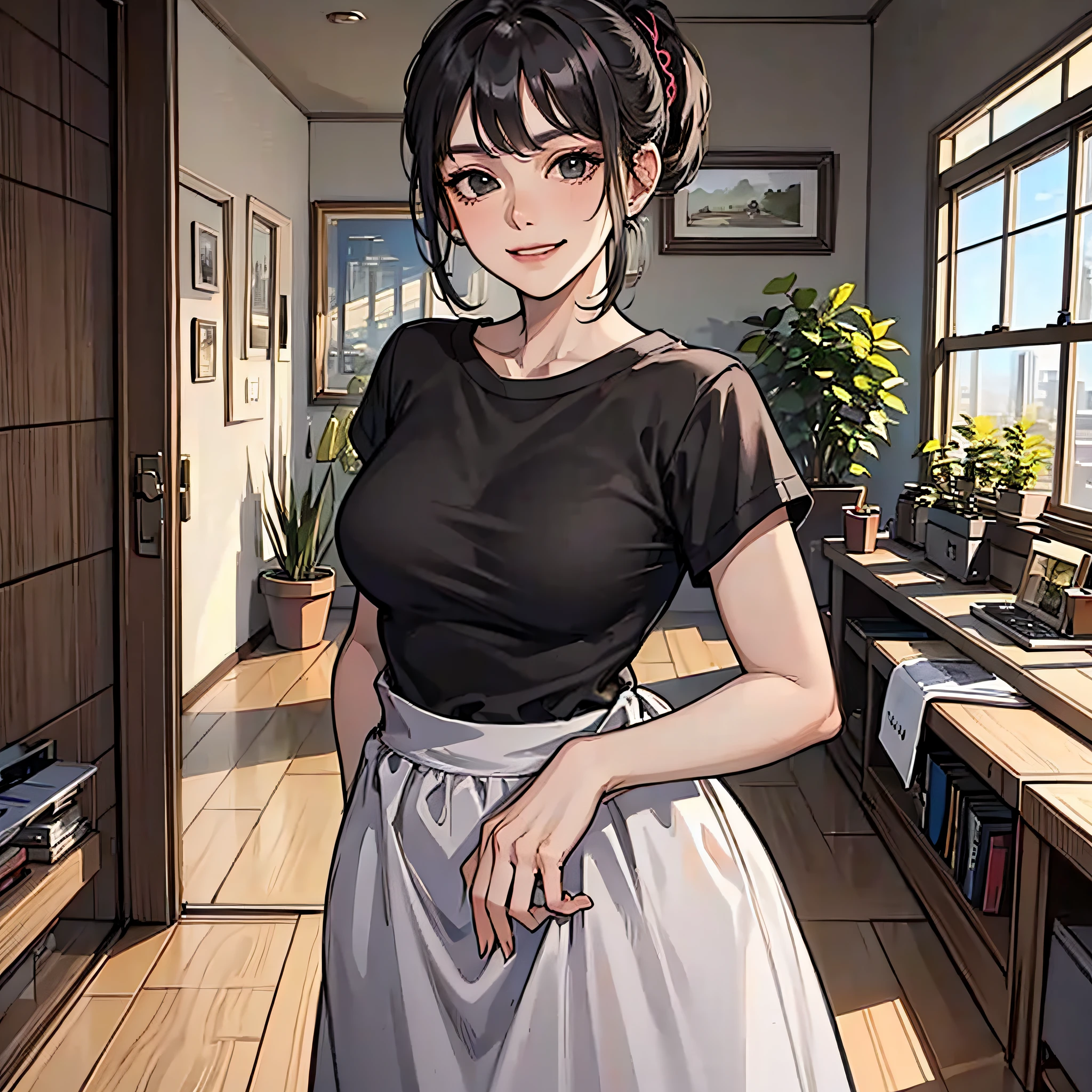 An old woman in a black shirt, black ponytail, wrinkled, standing in the living room, facing the camera, with a smug expression