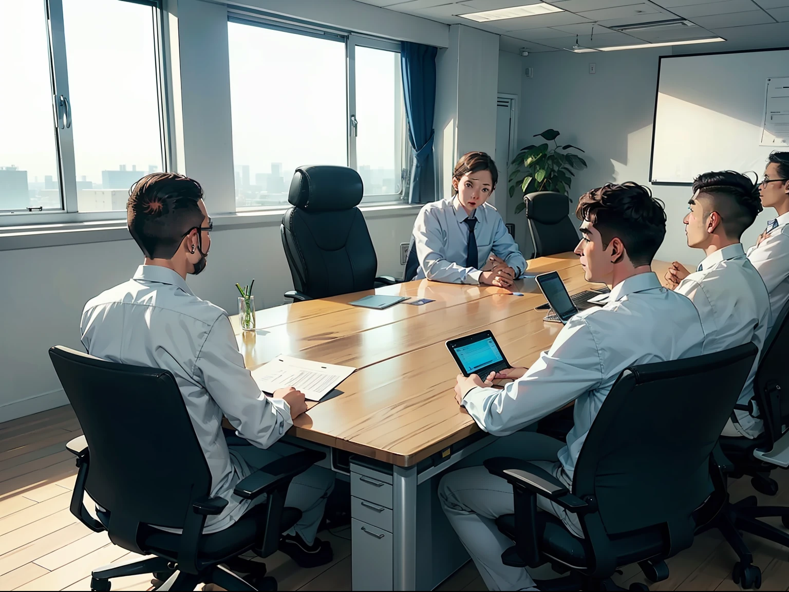 In an office, a large desk is given to the manager for meetings with employees with clear faces