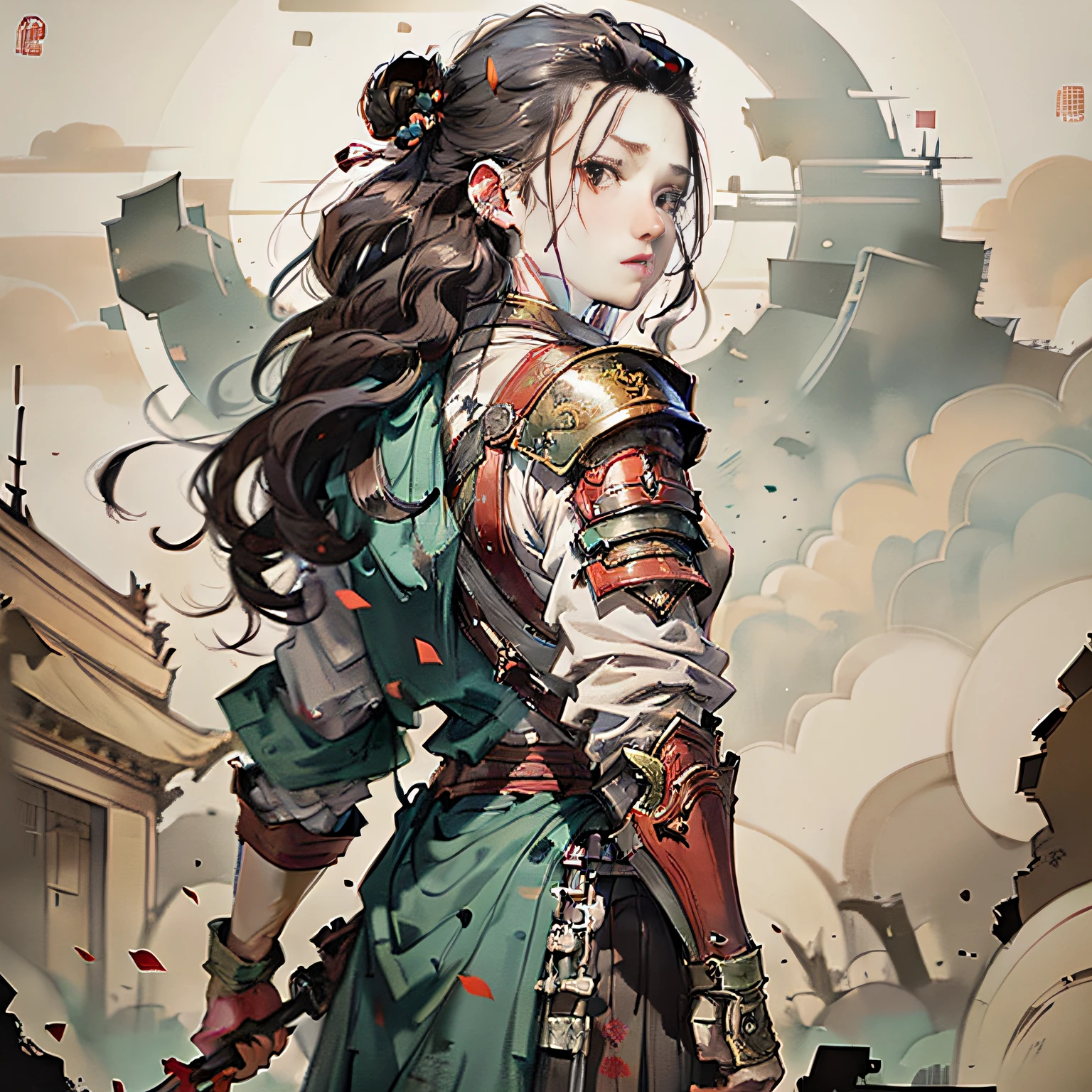 (Ancient Chinese Young General: 1.1), (Boy: 1.7), (Long Spear: 1.5), Standing on the ruins of an ancient battlefield, back, wearing ancient Chinese armor, (Red Scattered Long Hair: 1.5), volumetric cloud