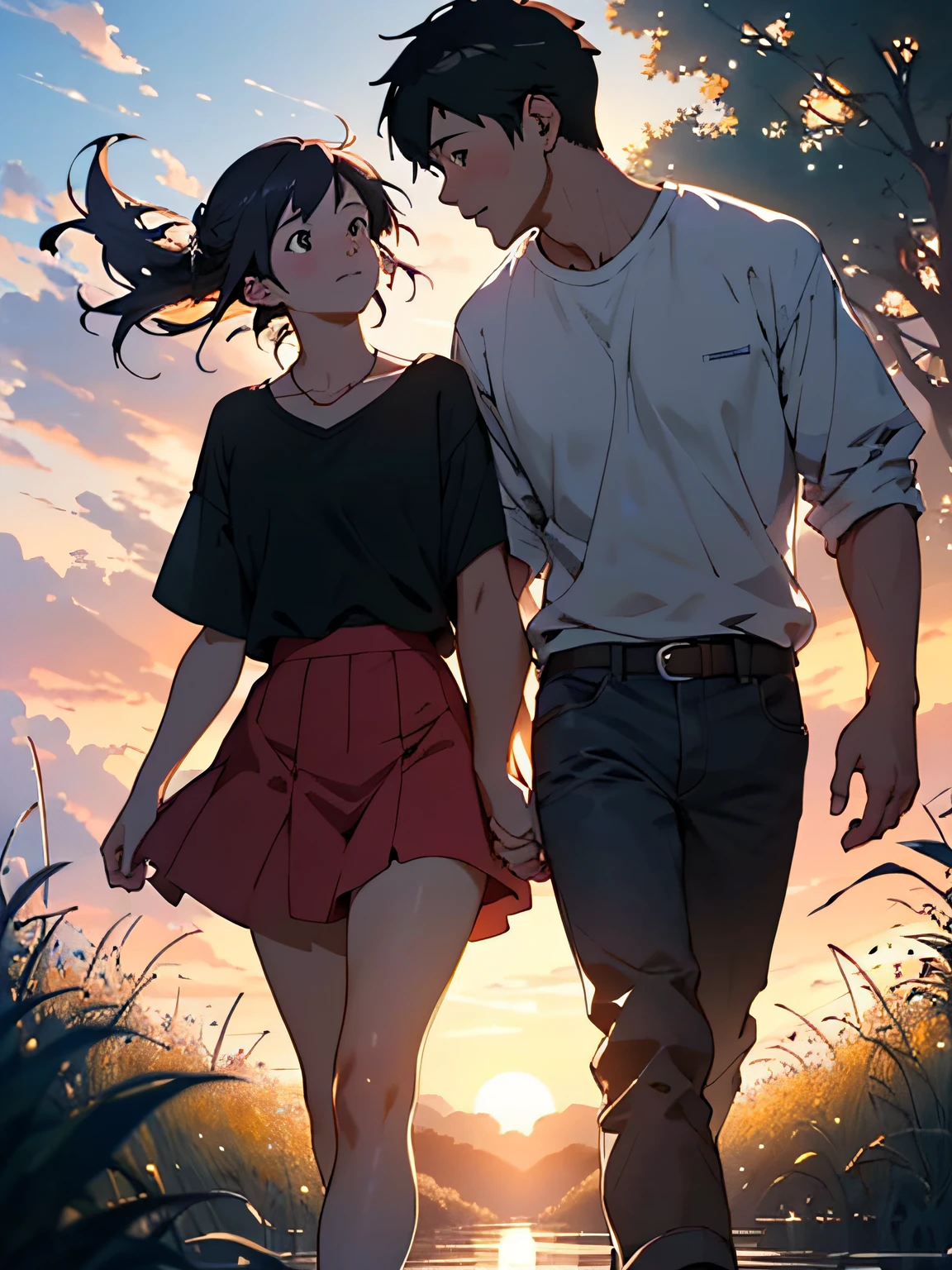 Anime couple walking in the field, (boy + girl), watery big eyes, (delicate and beautiful facial features), is the ultimate gentle beauty, the romantic atmosphere is very strong, the two (hand in hand) walking head-on, (from far and near), (facing the audience), (character shot close-up)), the boy looks at the girl affectionately and tenderly, ((behind is a beautiful sunset)), (girl white shirt with red skirt), (boy white T-shirt with black pants), exquisite clothing, beautiful, delicate, beautiful, Charming and moving, girl hair coiled behind her head, (coiled hair), messy bangs, big watery eyes, light brown eyes, fields dominated by (((amber)) and golden yellow, official art, guweiz and Makoto Shinkai, by Hiroshi Yamagata, Sakimichan and Makoto Shinkai, by Nobuta Yanagawa, style in Ghibli animation style, fiona staples and Makoto Shinkai, style by Makoto Shinkai, masterpiece, master painting, HD, 8K resolution