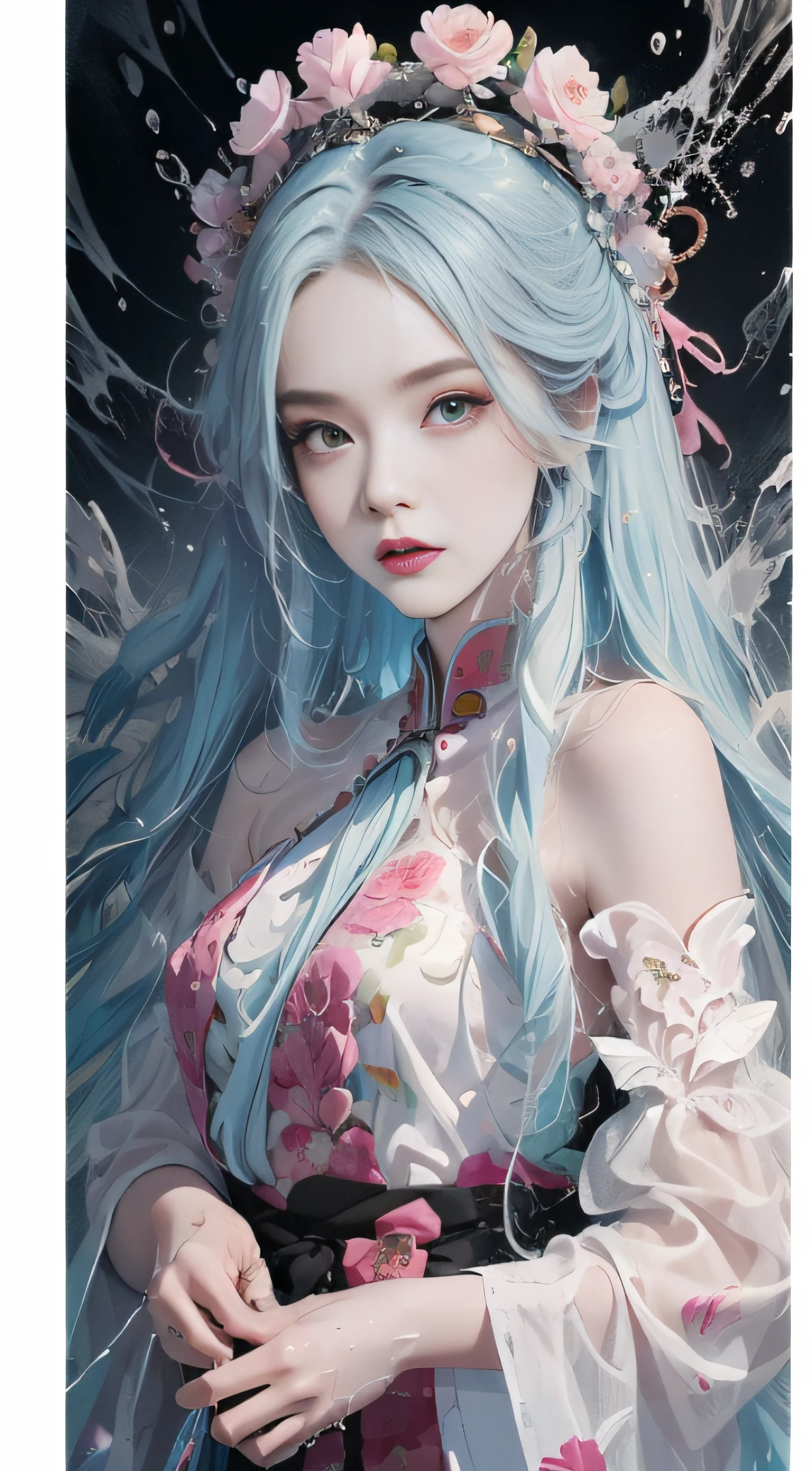 (Masterpiece, Best Quality, High Resolution), Anime Style, White Background, Acrylic Paint, ((Color Splash, Splash of Ink, Color Splash)), Sweet Chinese Girl, Long Light Blue Hair, [Light Blue|Pink] Hair, Curly Hair, Glitter, Pink Lips, Hanfu, Front, Upper Body