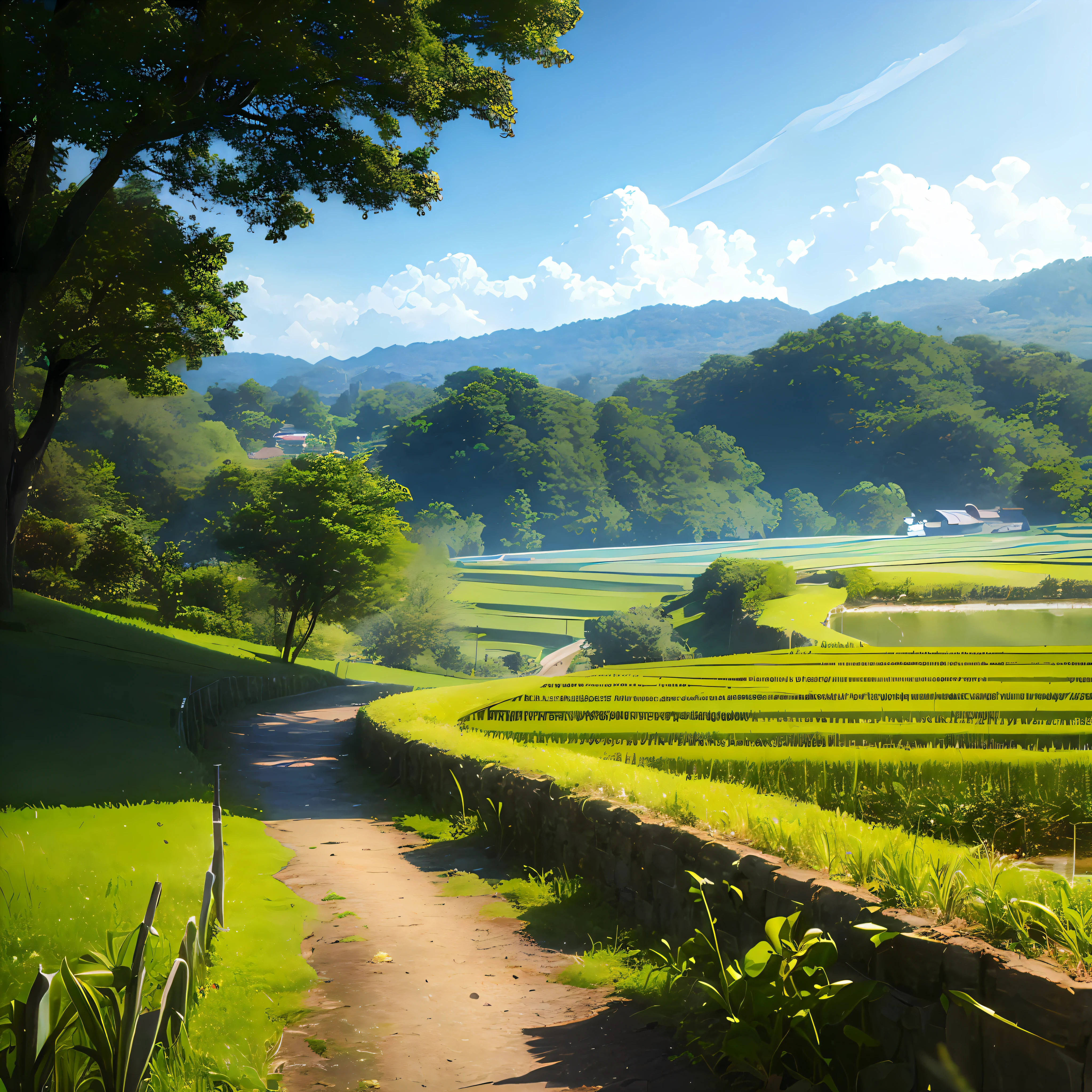 Sea visible in the distance, winding paths in the countryside, big clouds, blue sky, rice fields, neat rice seedlings in fields, forest, hillside, secluded, countryside, HD detail, hyper detail, cinema, surrealism, soft light, deep field focus bokeh, ray tracing, surrealism. --v6
