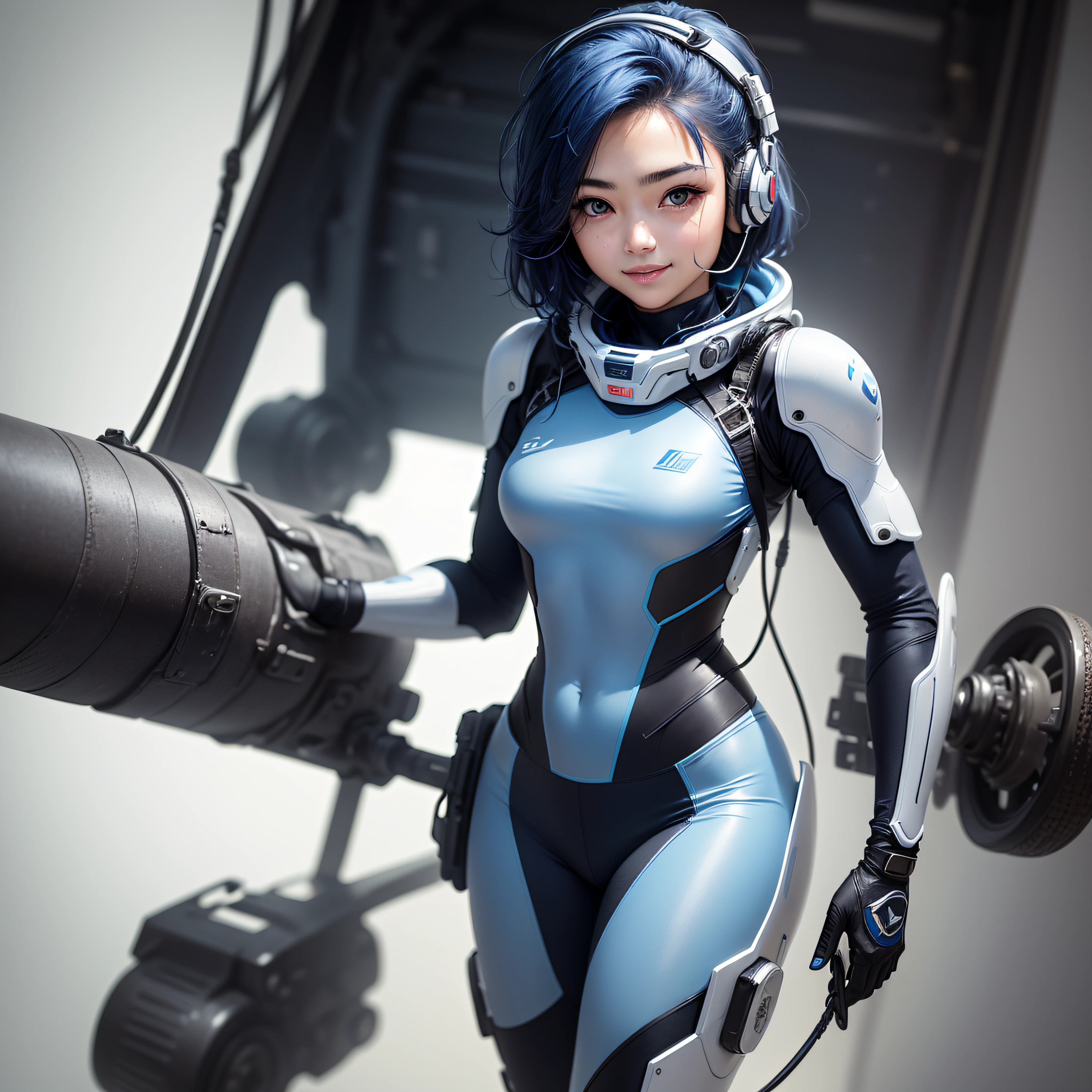 (masterpiece, highest quality, highest resolution, distinct_image, detailed details): (Solo, lone girl, face is Japan person, short cut, blue-haired girl, full body figure, (perfect body: 1.4), sparkly blue color eyes, pilot suit in white and blue color, tight fit clothes, clothes covering the whole body, very delicate and beautiful, detailed skin, slim body, exoskeleton, Gentle smile, heroine, headset, boots)