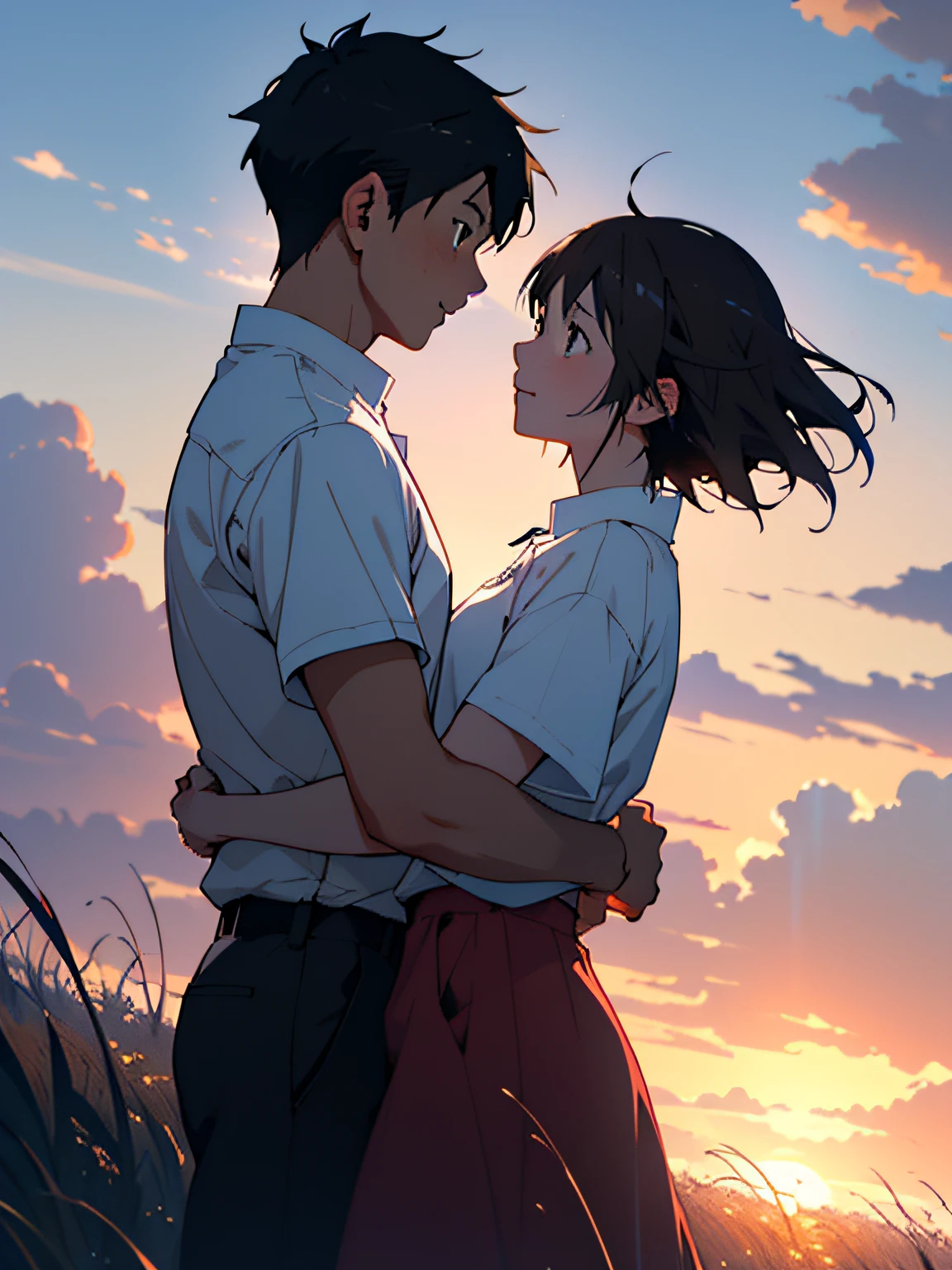 Anime couple walking in the field, (boy + girl), watery big eyes, (delicate and beautiful facial features), is the ultimate gentle beauty, the romantic atmosphere is very strong, the two (hand in hand) walking head-on, (from far and near), (facing the audience), (character shot close-up)), the boy looks at the girl affectionately and tenderly, ((behind is a beautiful sunset)), (girl white shirt with red skirt), (boy white T-shirt with black pants), exquisite clothing, beautiful, delicate, beautiful, Charming and moving, girl hair coiled behind her head, (coiled hair), messy bangs, big watery eyes, light brown eyes, fields dominated by (((amber)) and golden yellow, official art, guweiz and Makoto Shinkai, by Hiroshi Yamagata, Sakimichan and Makoto Shinkai, by Nobuta Yanagawa, style in Ghibli animation style, fiona staples and Makoto Shinkai, style by Makoto Shinkai, masterpiece, master painting, HD, 8K resolution