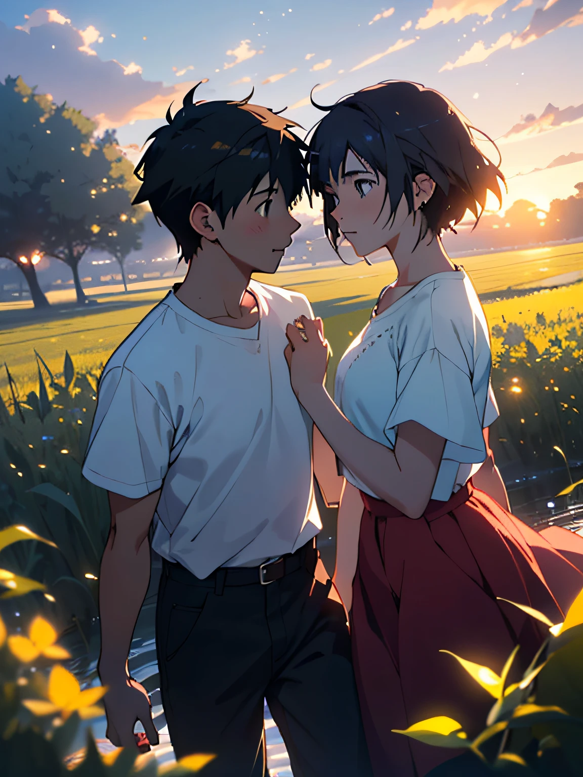 Anime couple walking in the field, (boy + girl), watery big eyes, (delicate and beautiful facial features), is the ultimate gentle beauty, the romantic atmosphere is very strong, the two (hand in hand) walking head-on, (from far and near), (facing the audience), (character shot close-up)), the boy looks at the girl affectionately and tenderly, ((behind is a beautiful sunset)), (girl white shirt with red skirt), (boy white T-shirt with black pants), exquisite clothing, beautiful, delicate, beautiful, Charming and moving, girl hair coiled behind her head, (coiled hair), messy bangs, big watery eyes, light brown eyes, fields dominated by (((amber)) and golden yellow, official art, guweiz and Makoto Shinkai, by Hiroshi Yamagata, Sakimichan and Makoto Shinkai, by Nobuta Yanagawa, style in Ghibli animation style, fiona staples and Makoto Shinkai, style by Makoto Shinkai, masterpiece, master painting, HD, 8K resolution