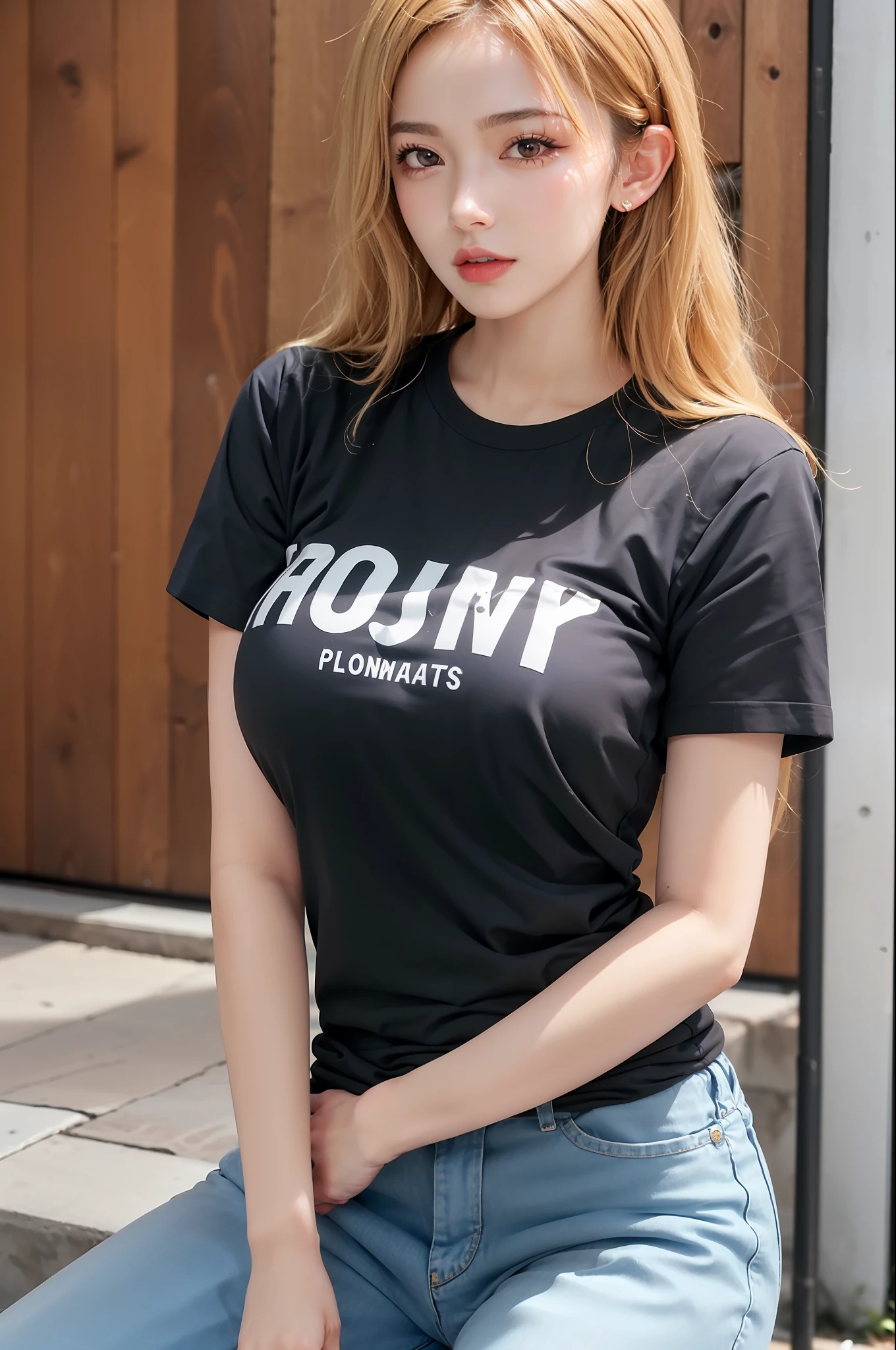 (1girl),large breasts, breasts, tan, dewy skin, sweaty skin, wavy blonde hair, punk tshirt, punk girl