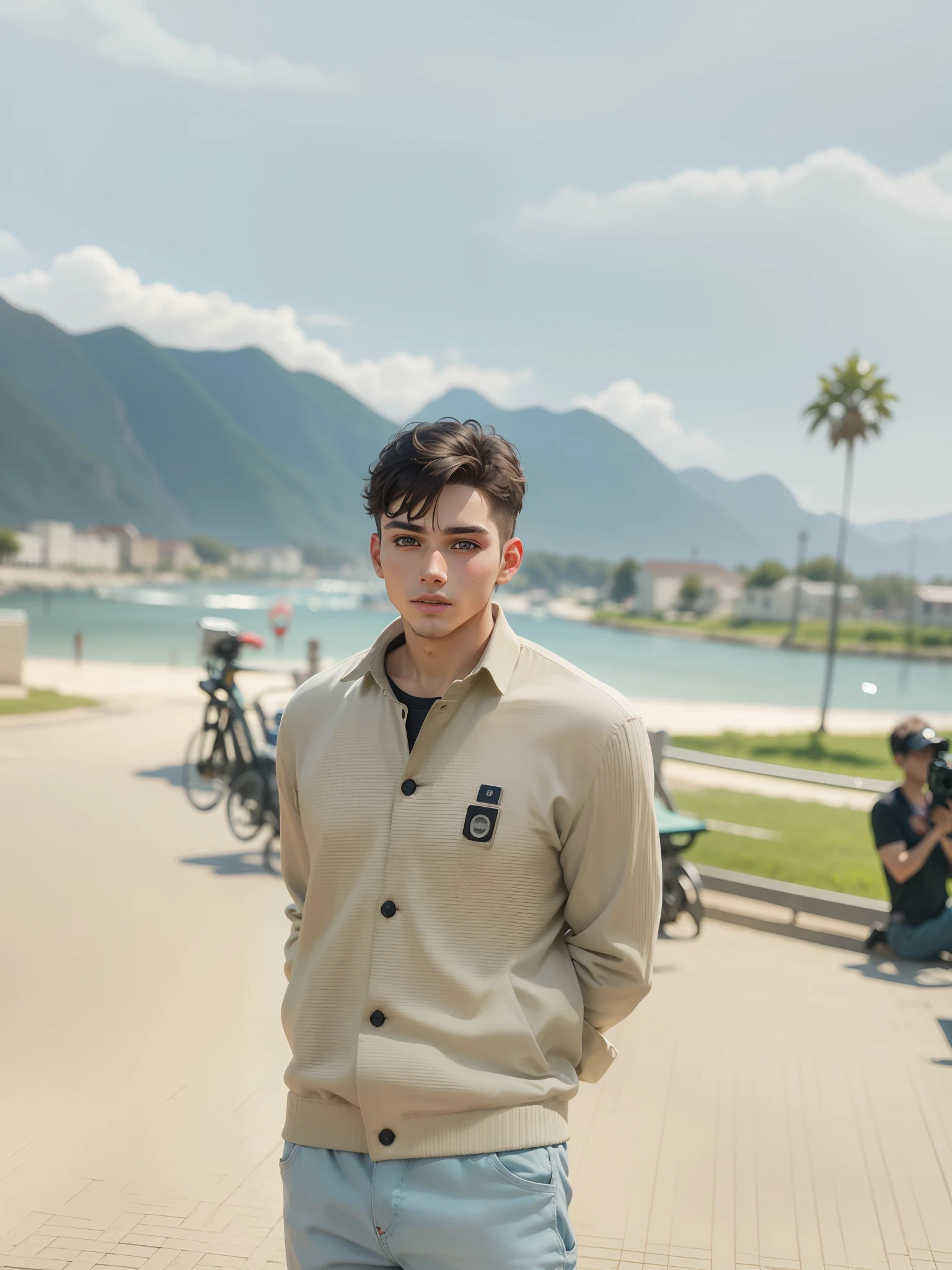 8K, Best Quality, Masterpiece, Ultra High Resolution, (Realism: 1.4), Original Photo, (Realistic Skin Texture: 1.3), (Film Grain: 1.3), (Selfie Angle) 1 Boy, Beautiful Eyes and Face Details, Masterpiece, Best Quality, Close-up, Upper Body, Looking at the Viewer --auto