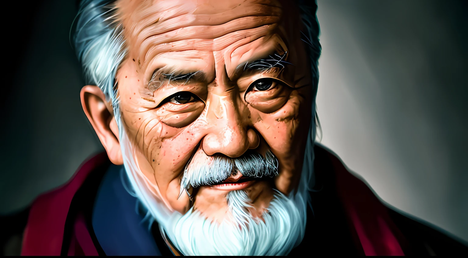A portrait of Sun Tzu, bearded, wrinkled, aged, with piercing eyes, detailed face, high details, photography, dark studio, rim light, Nikon D850, 50mm, f/1.4