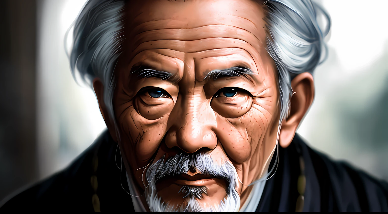 A portrait of Sun Tzu, bearded, wrinkled, aged, with piercing eyes, detailed face, high details, photography, dark studio, rim light, Nikon D850, 50mm, f/1.4