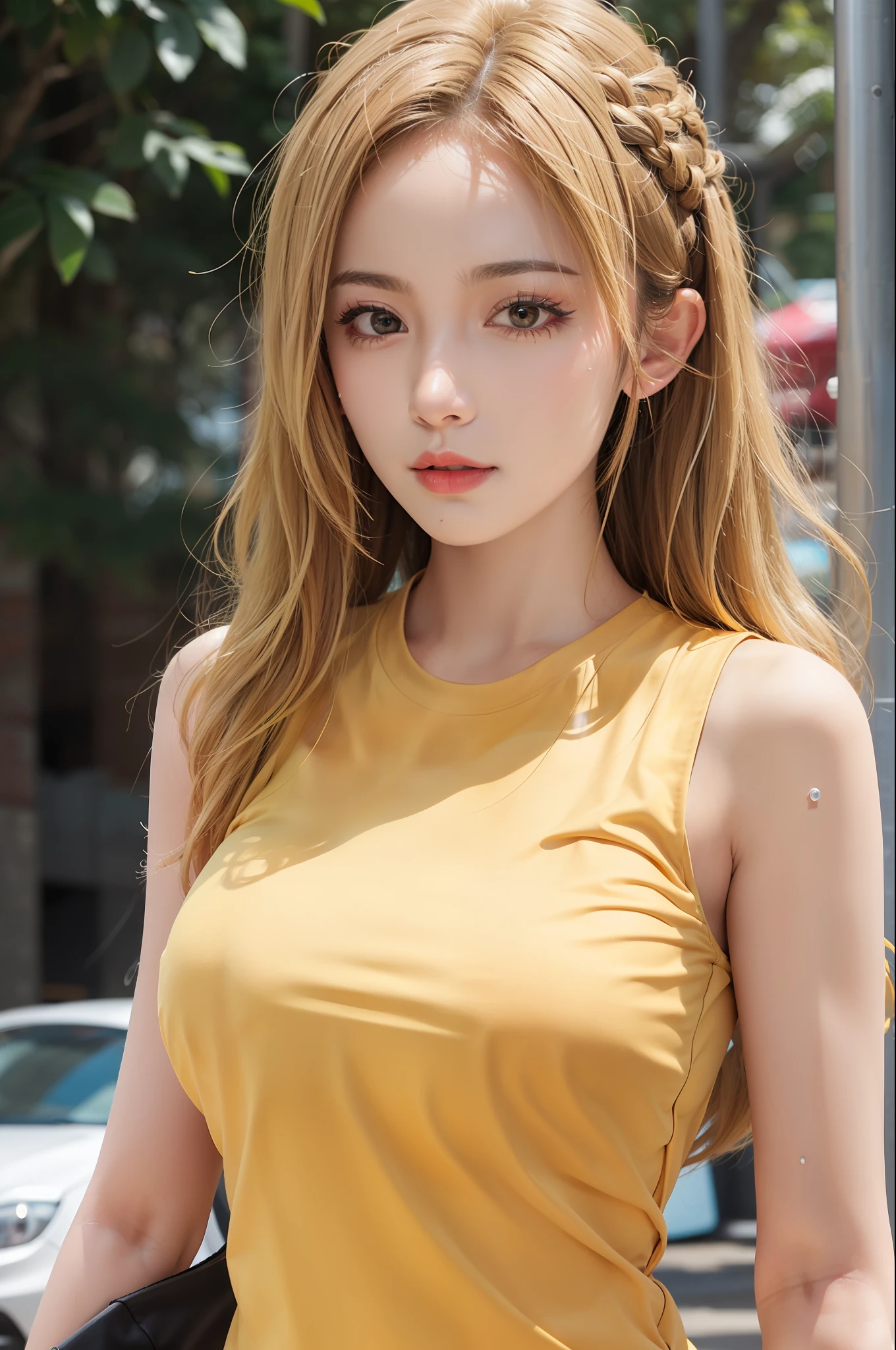 (1girl),large breasts, breasts, tan, dewy skin, sweaty skin, wavy blonde hair, punk tshirt, punk girl