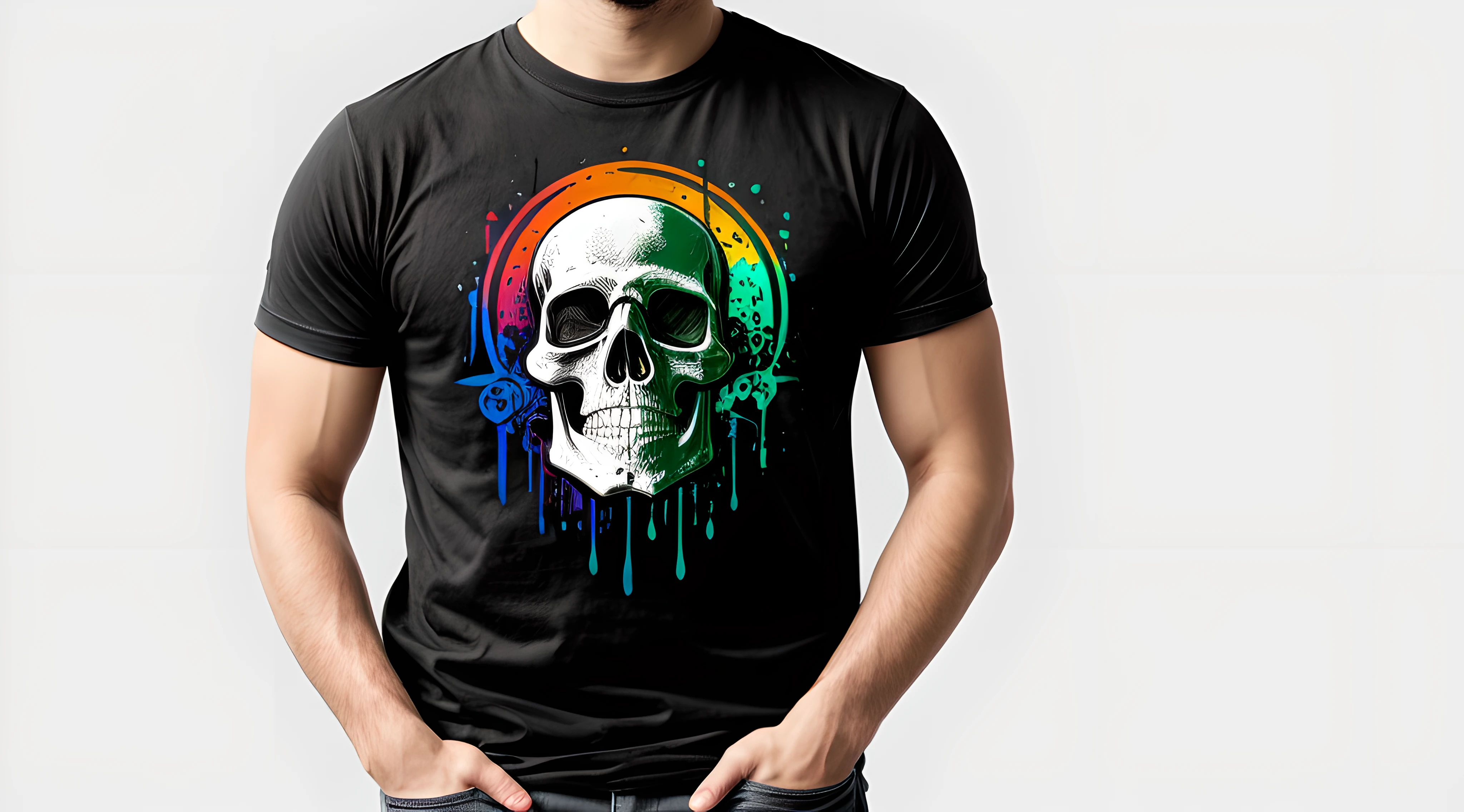 (a portrait of Cyberpunk Skull with colorful fluid l:1) ,  t-shirt logo in the style of tapered  fine outline,  orthographic-view, art on (empty background:1.4)Hands,